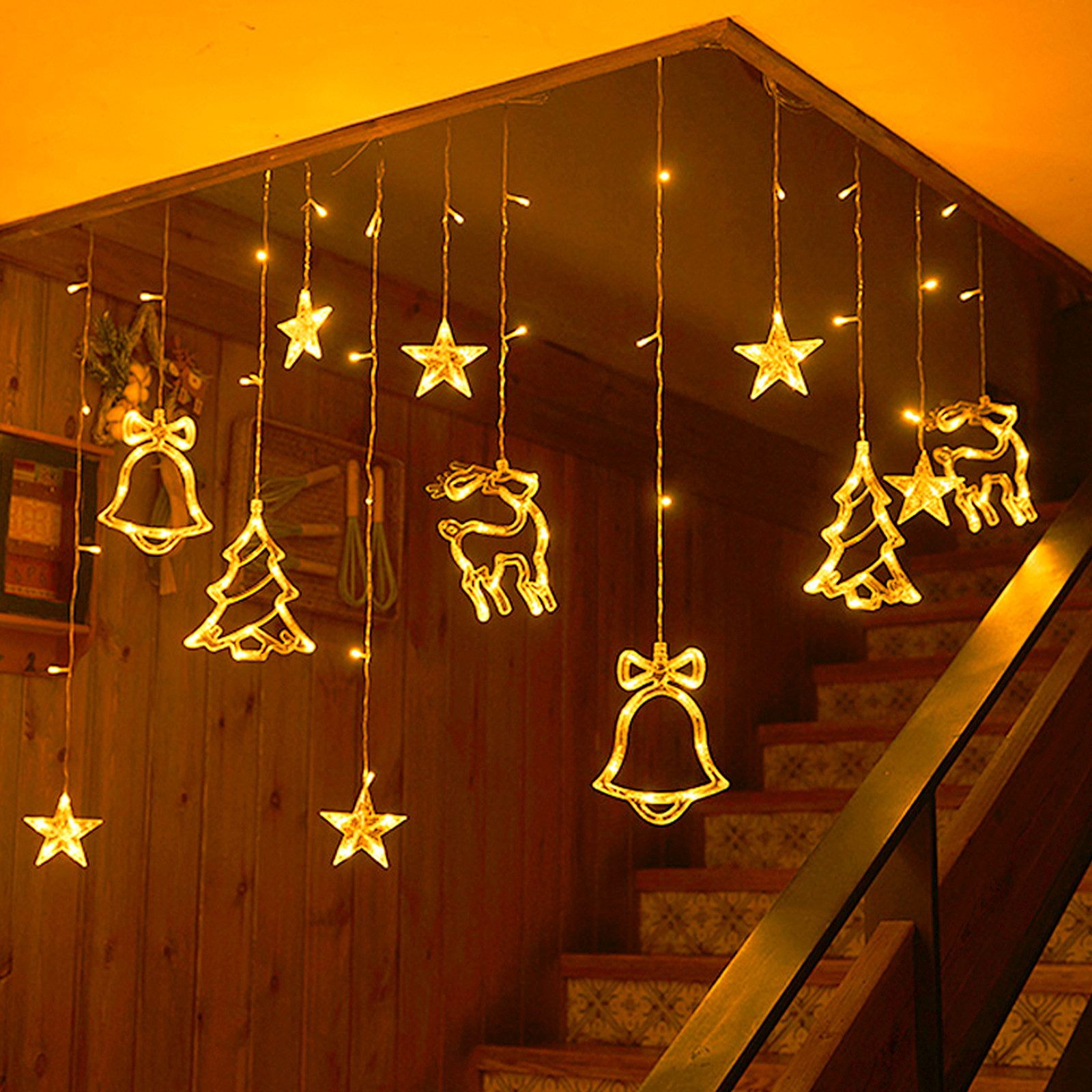 FIVMEN LED-Lichterkette außen und innen 3m Elch Weihnachtsbaum GlockenDeko, 8 Modi mit Stecker, Halloween Weihnachten Hochzeit Party, Stern Form
