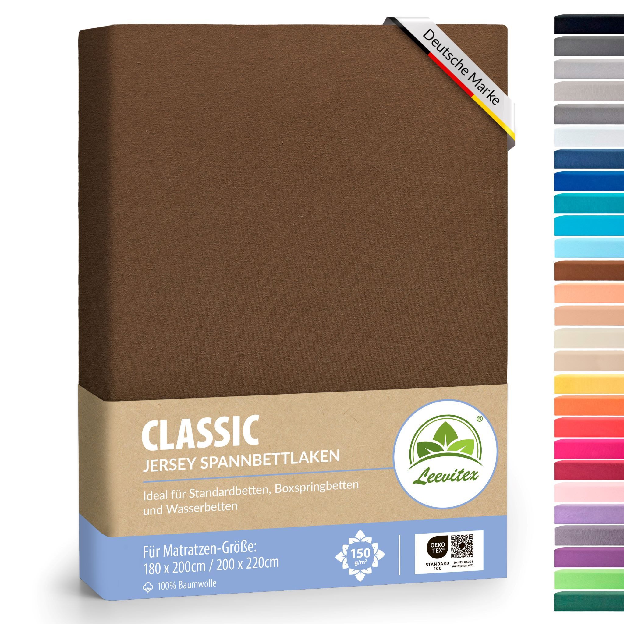 leevitex® Spannbettlaken 180x200 - 200x220 cm, 40 cm Steghöhe, Stoffdicke 150 g/m², Jersey, Gummizug: rundum, (1 Stück), OEKO-TEX® Standard 100 Zertifikatsnummer 10.HTR.85321 zertifiziert