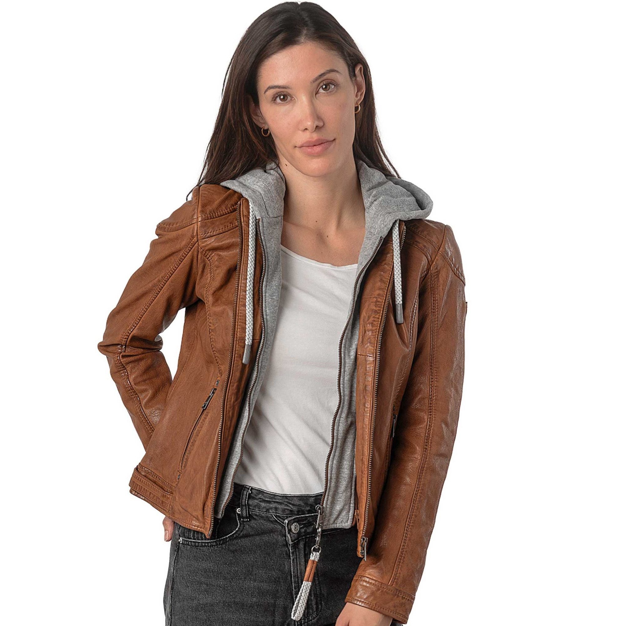 Mauritius Lederjacke MWAdila Mauritius - Damen Lederjacke Lammnappa Kapuze cognac