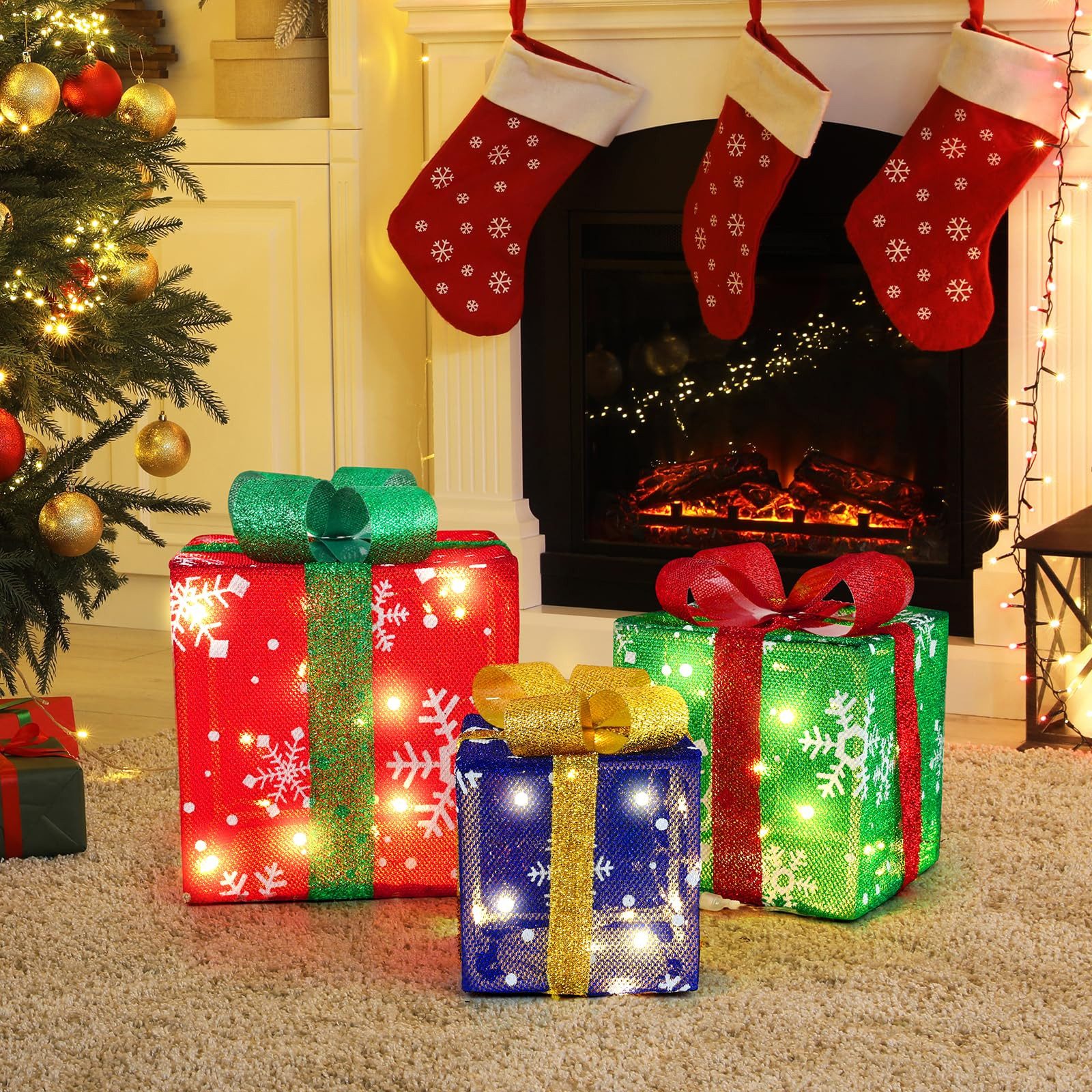 MUPOO Weihnachtsszene LED-Geschenkboxen 3er-Set, 50 LEDs, 8 Modi, 3AA-Batteriebetrieben, Weihnachtsdekoration für Innen, Außen, Garten