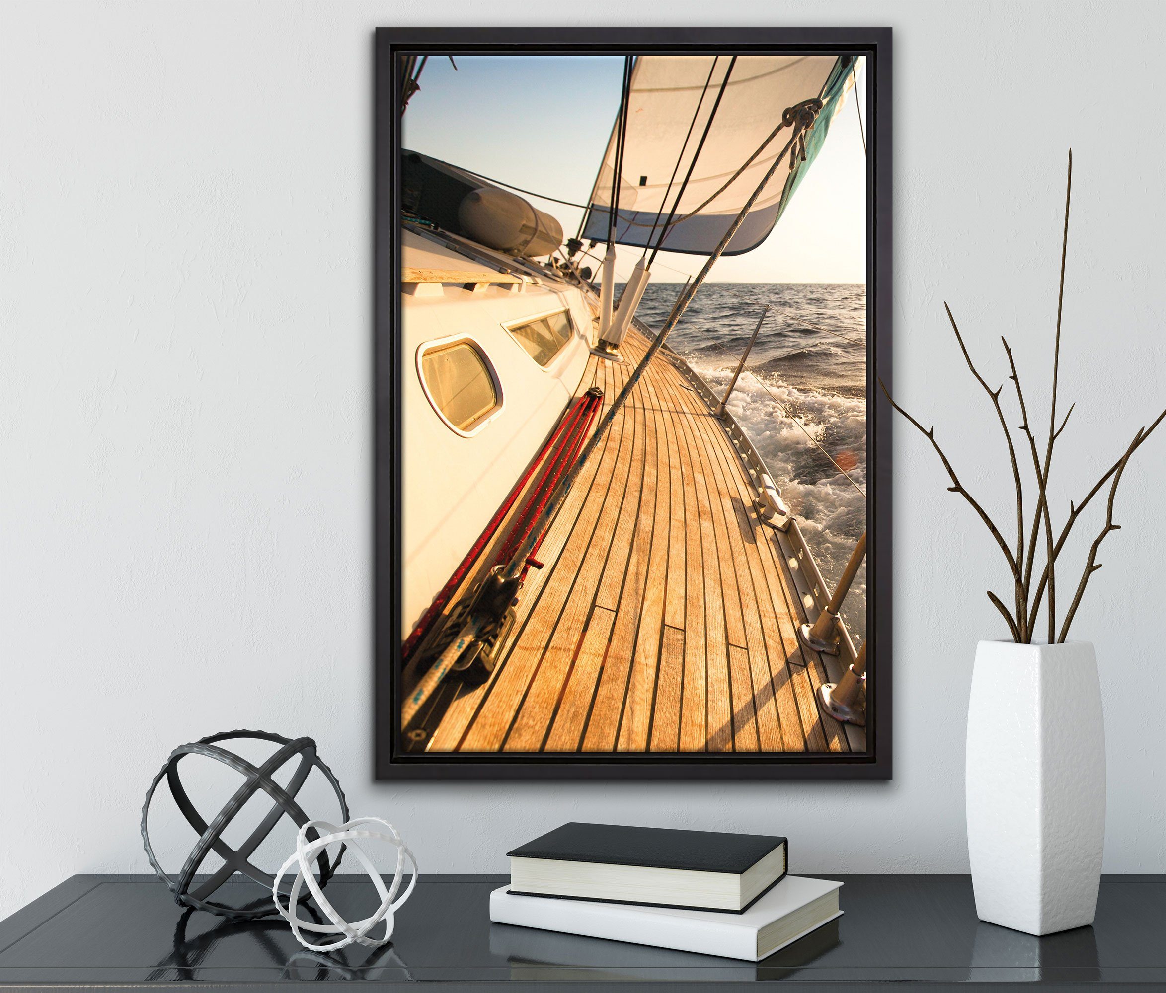 fertig St), einem Meer, inkl. Schattenfugen-Bilderrahmen Leinwandbild bespannt, gefasst, im Segelboot Leinwandbild Wanddekoration Pixxprint in Zackenaufhänger (1