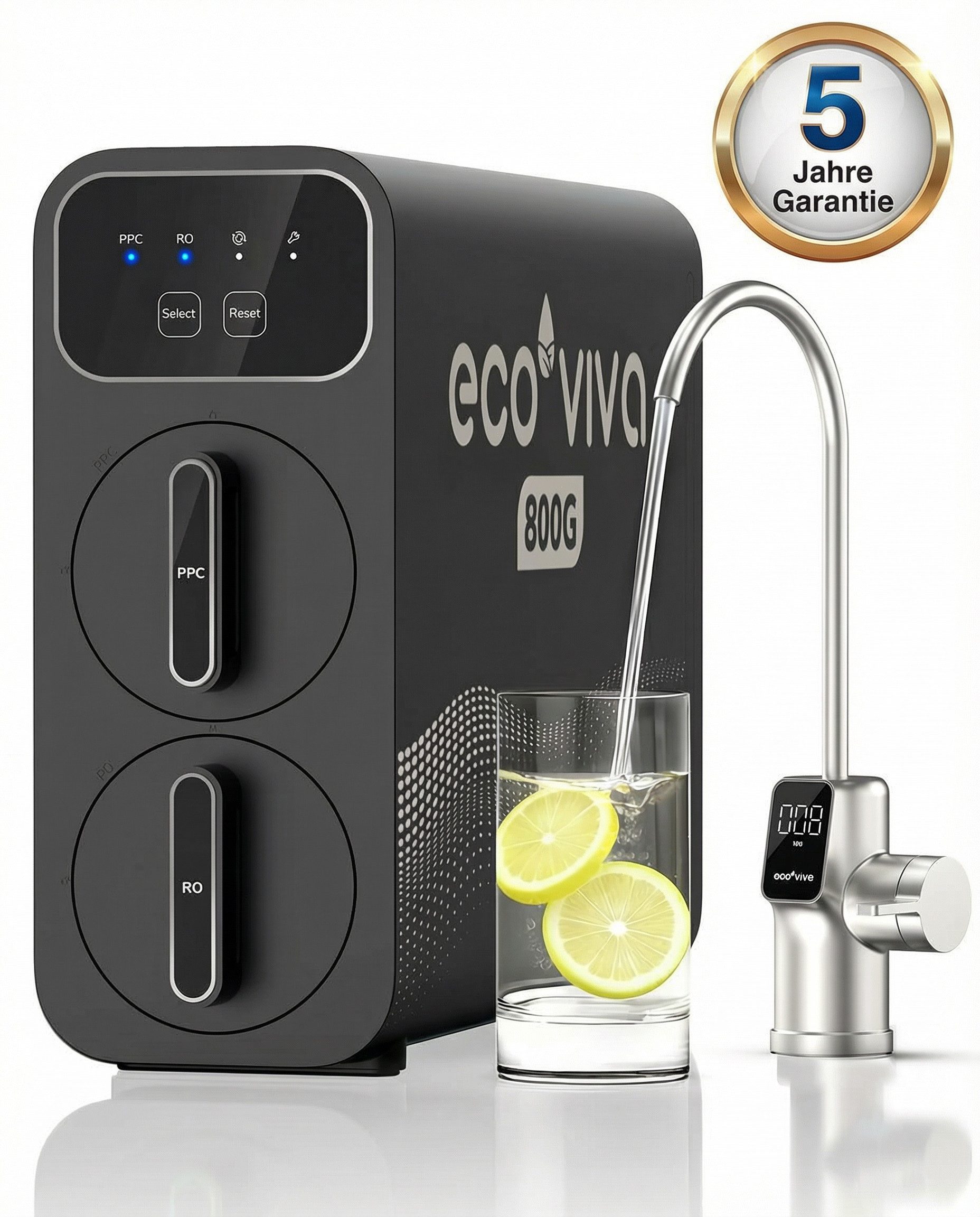 Ecoviva Wasserfilter E8 Osmoseanlage Trinkwasser mit Intelligentem Wasserhahn, 9-stufiges Umkehrosmoseanlage, Reduziert TDS, 2,5:1 Rein zum Abfluss