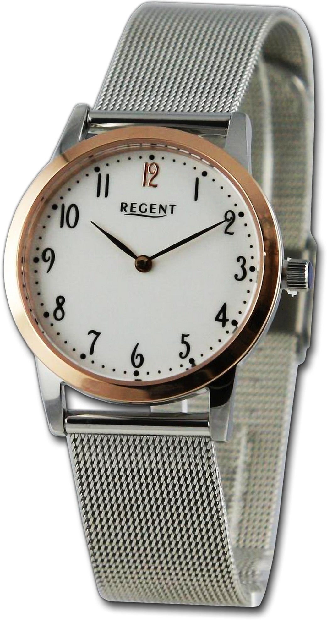 Regent Quarzuhr Regent Damen Armbanduhr Analog, Damenuhr Metallarmband silber, rundes Gehäuse, extra groß (ca. 30mm)