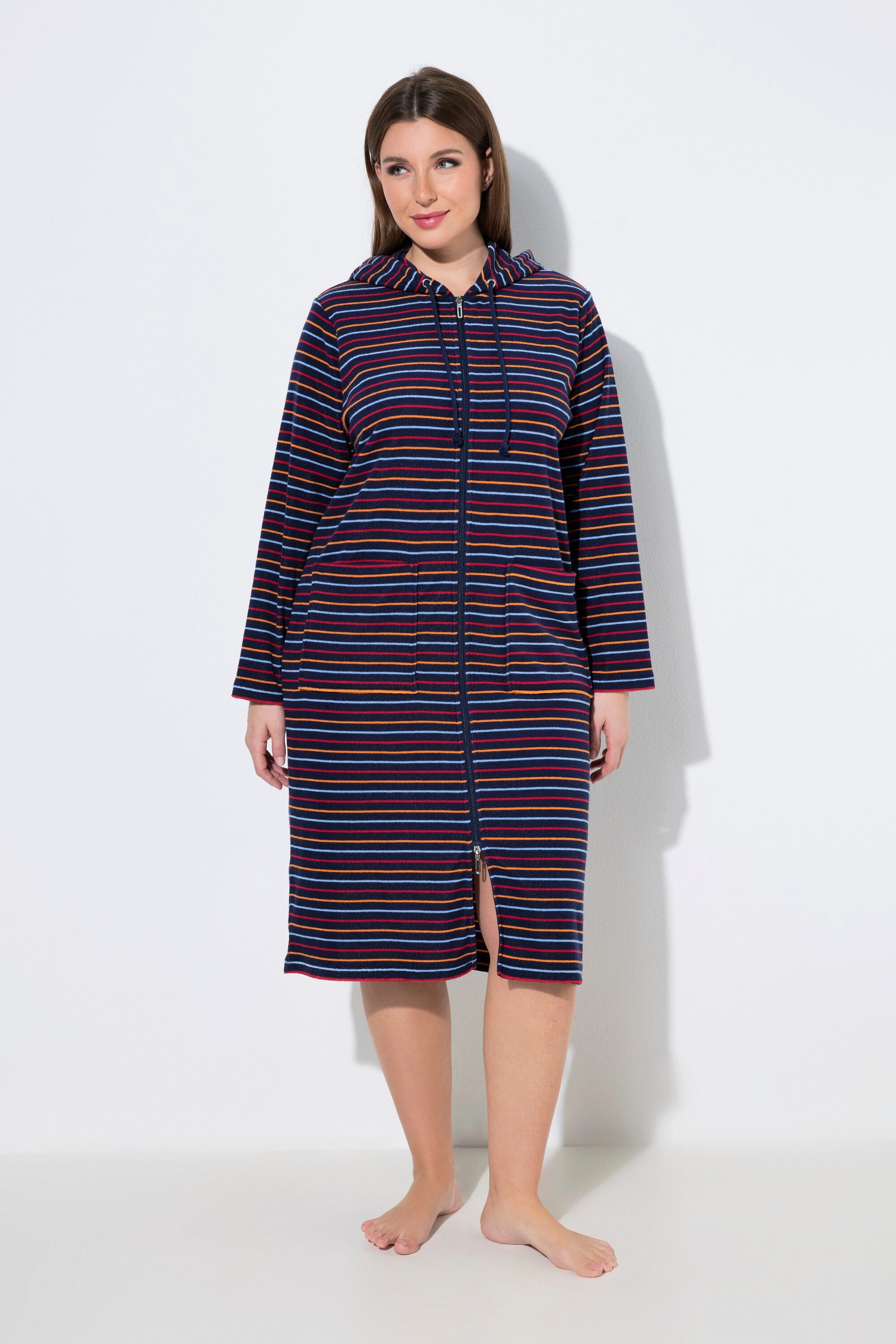 Ulla Popken Bademantel Bademantel Ringel 2-Wege-Zipper Langarm Frottee, Kni günstig online kaufen