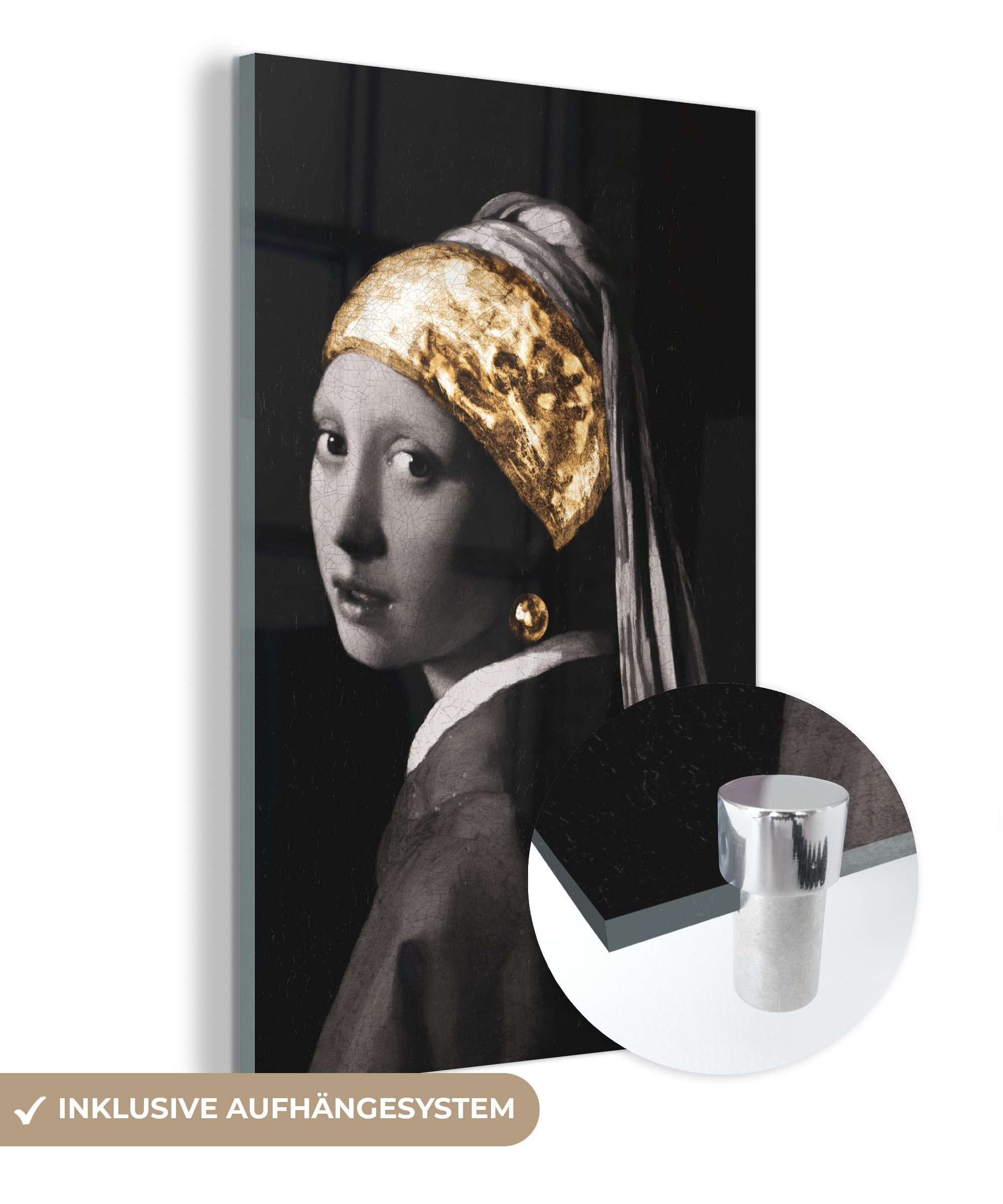 MuchoWow Acrylglasbild Mädchen mit einem Perlenohrring - Johannes Vermeer - Gold, (1 St), Glasbilder - Bilder auf Glas Wandbild - Foto auf Glas - Wanddekoration bunt