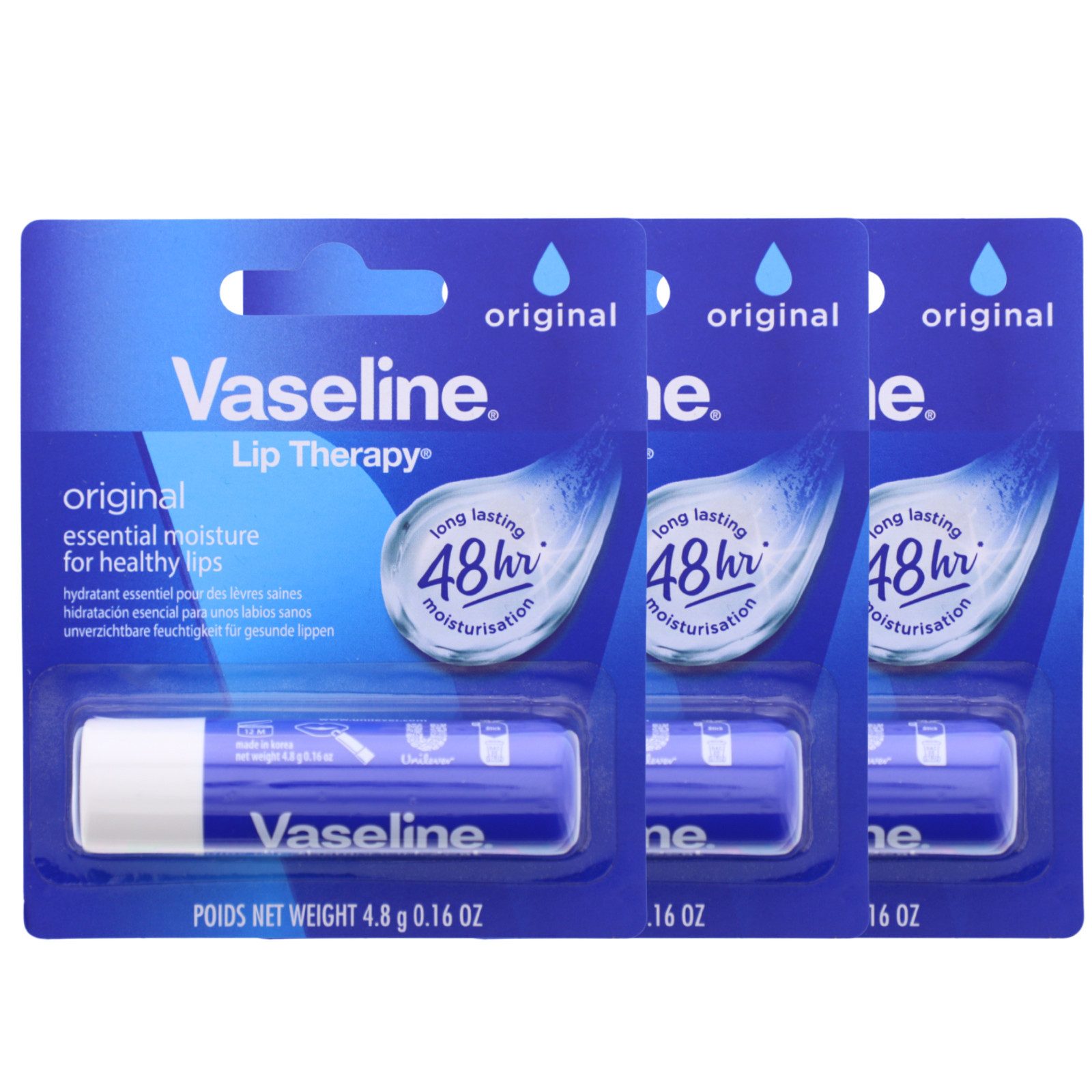 Vaseline Lippenpflegestift 3x Vaseline Lip Therapy Original Бальзам для губ 48h Feuchtigkeit mit Vit