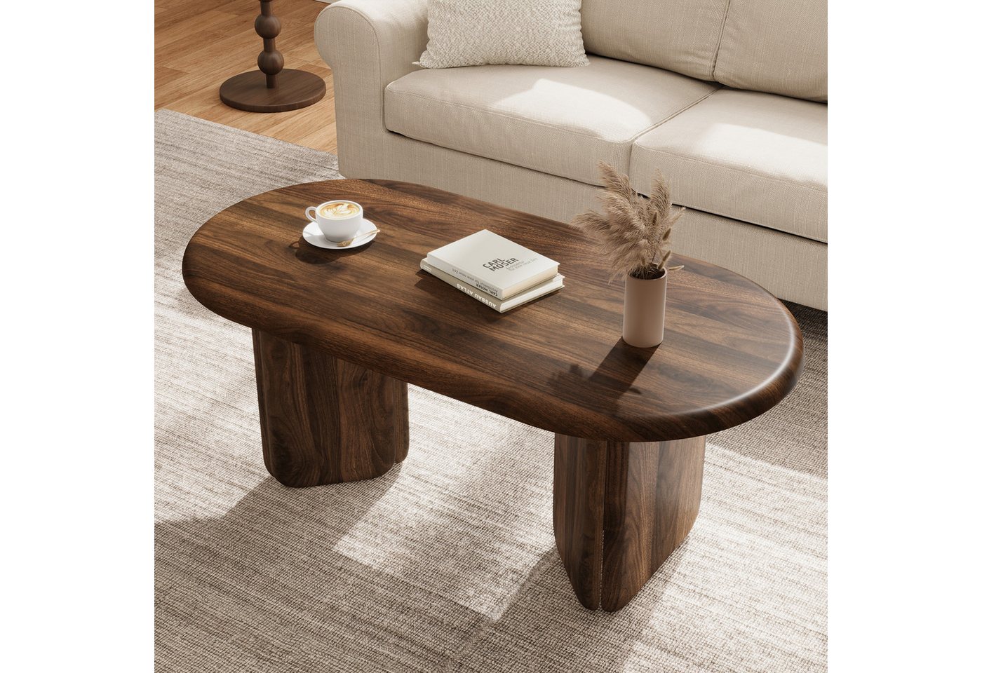 Merax Couchtisch Ovaler Sofatisch Salontisch mit dekorativen abgerundeten Beinen (1-St), Retro Beistelltisch in Nussbaum-Optik, Wohnzimmertisch 99×50×40cm