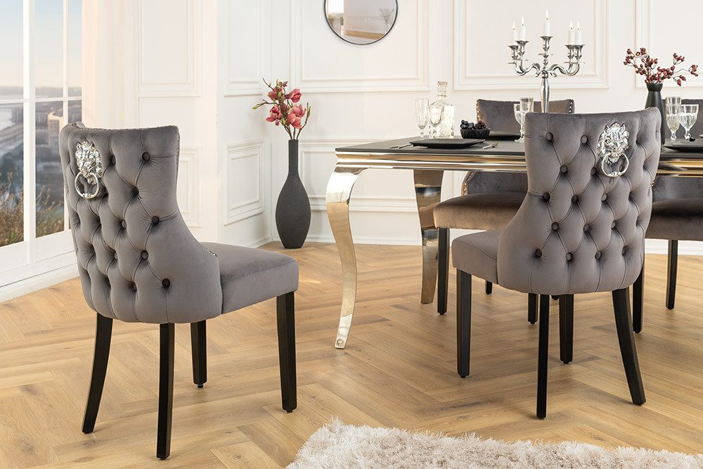 riess-ambiente Esszimmerstuhl CASTLE DELUXE grau/schwarz - Samt, Holzbeine, Löwenkopf-Griff (Einzelartikel, 1 St), glamouröser Stuhl mit Nieten - ideal für Deinen Barock-Look