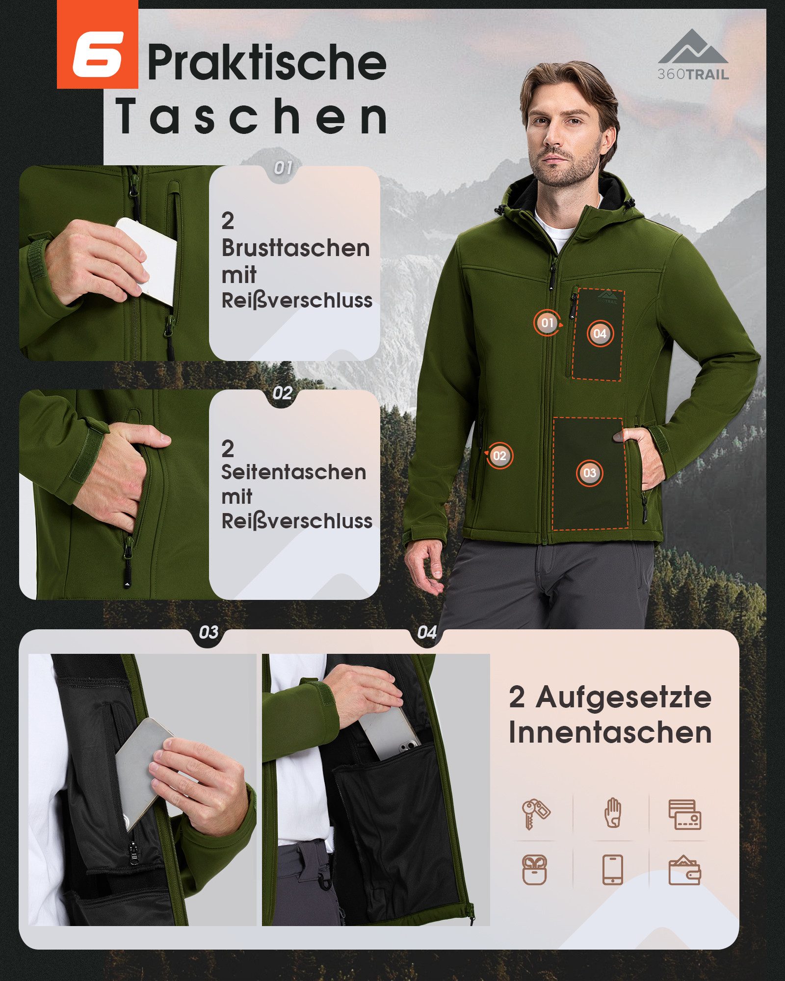 360Trail Outdoorjacke Softshelljacke Skayra wasserdichte winddichte Herren Übergangsjacke Microfleece-Innenfutter, atmungsaktiv, wasserdicht – Bild 5 von 5