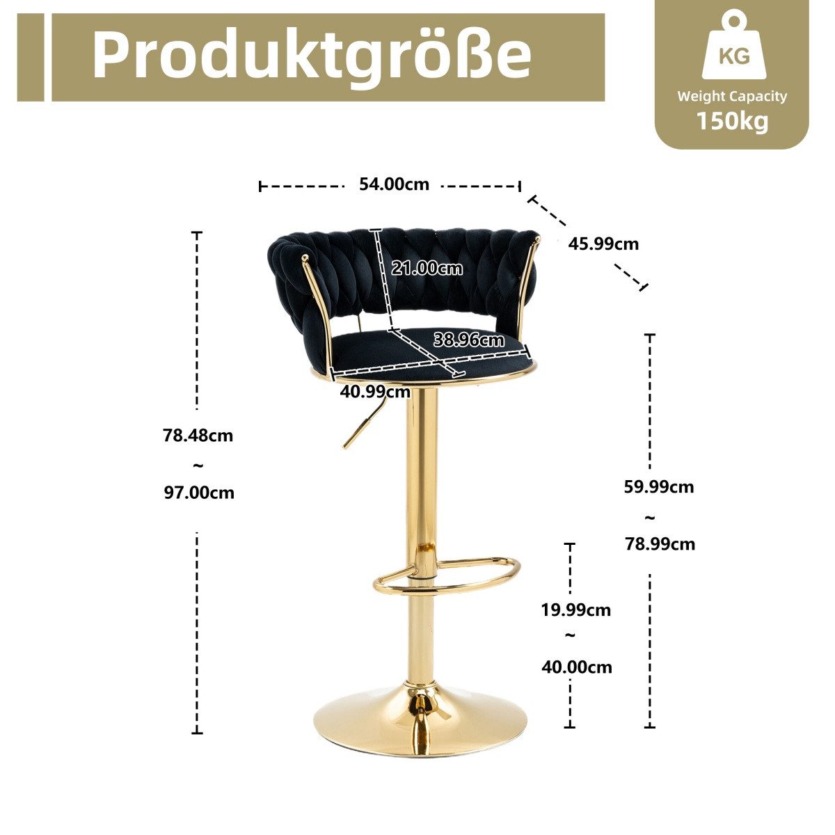 IDEASY Barhocker 2 St Barhocker in Samtstoff, 360° drehbar, handgeflochtene Rückenlehne, Bequemes Sitzkissen, Goldfuß, höhenverstellbar, 54 x 46 x 78,5-97 cm
