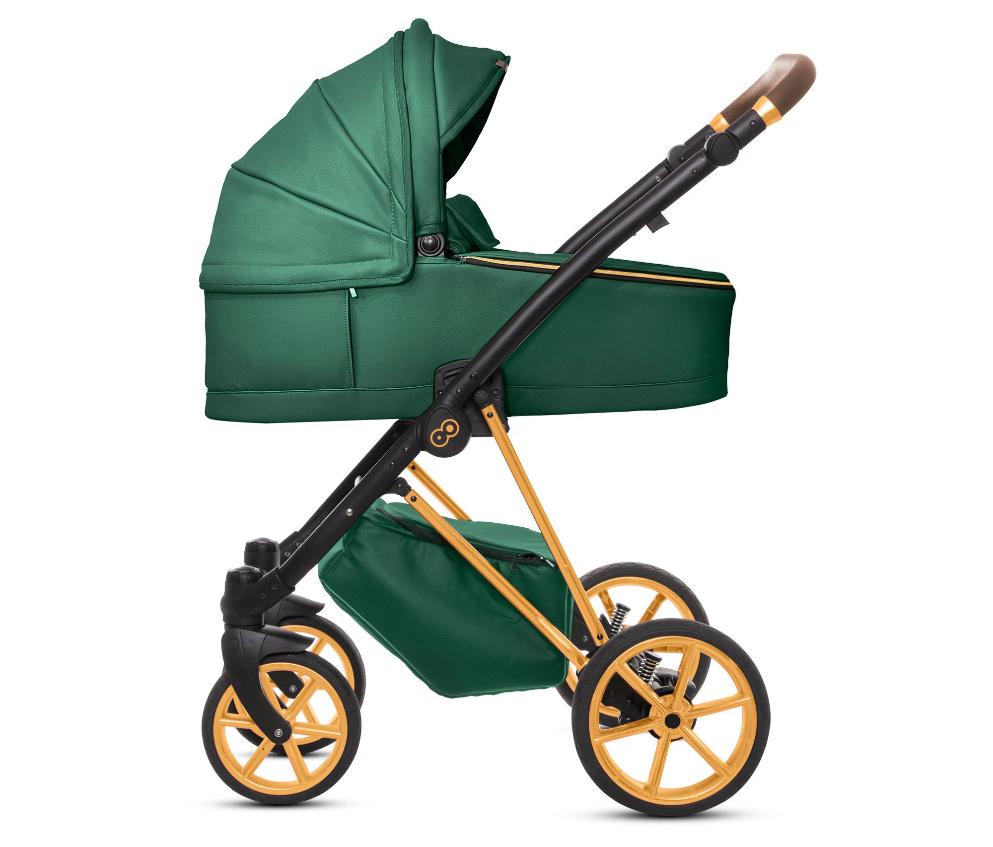 TPFFamily Kombi-Kinderwagen 4 in 1 Musse Royal, Baby Buggy Babywanne Autositz Isofix Basis, Zubehör-Set Kinderwagen 4 in 1 Kunstleder Grün, Gestell Gold