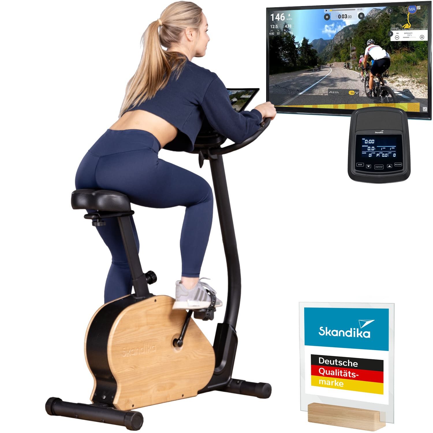 Skandika Ergometer Treliv P8, Heimtrainer aus Eisen mit Holz, LED Display, 22 Programme (Transportrollen, Tablet-Halterung, Kinomap App kompatibel, bis 120 kg), Magnetbremse 32 Stufen, Sattel & Lenker verstellbar, Bluetooth