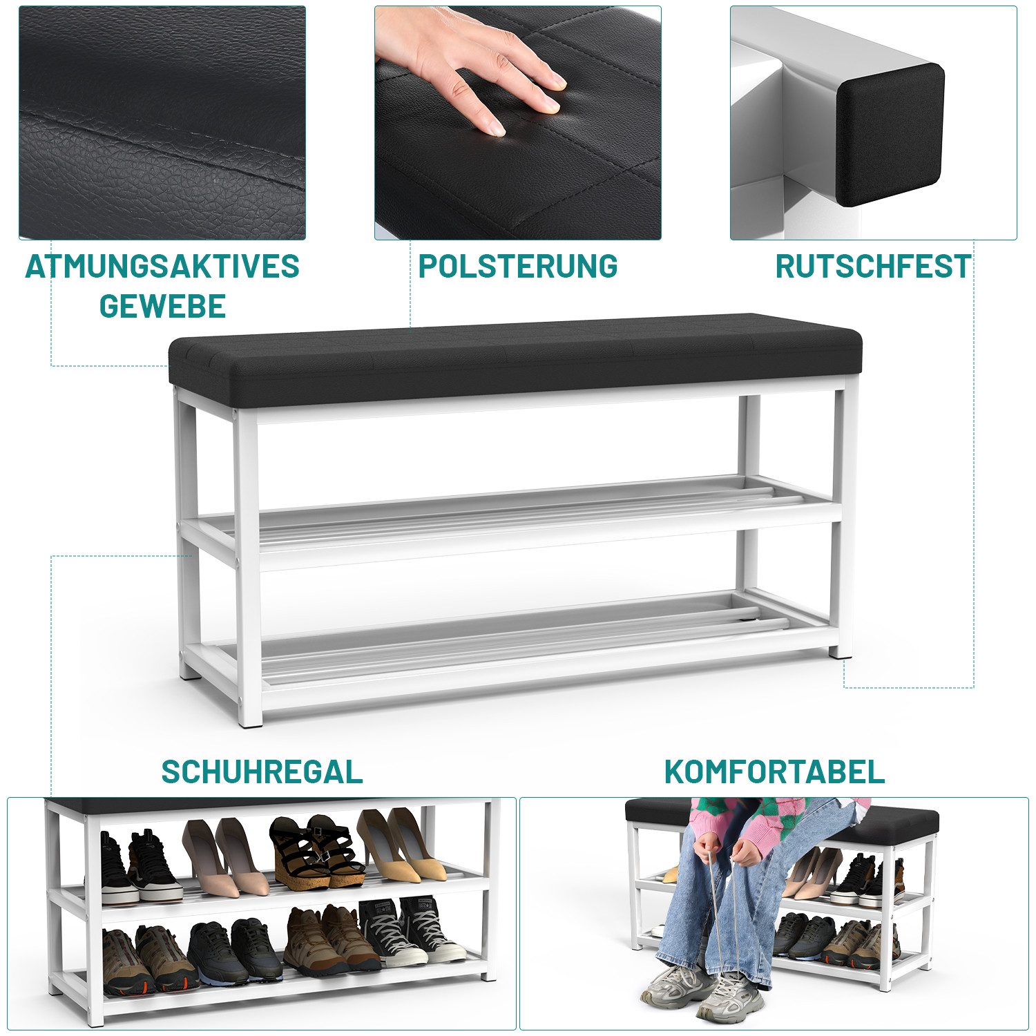 oyajia Schuhbank Schuhregal offener Schuhschrank mit 2 Böden Bank, 90x30x45cm, Schuhregal mit Sitzbank für Flur, Wohnzimmer und Schlafzimmer