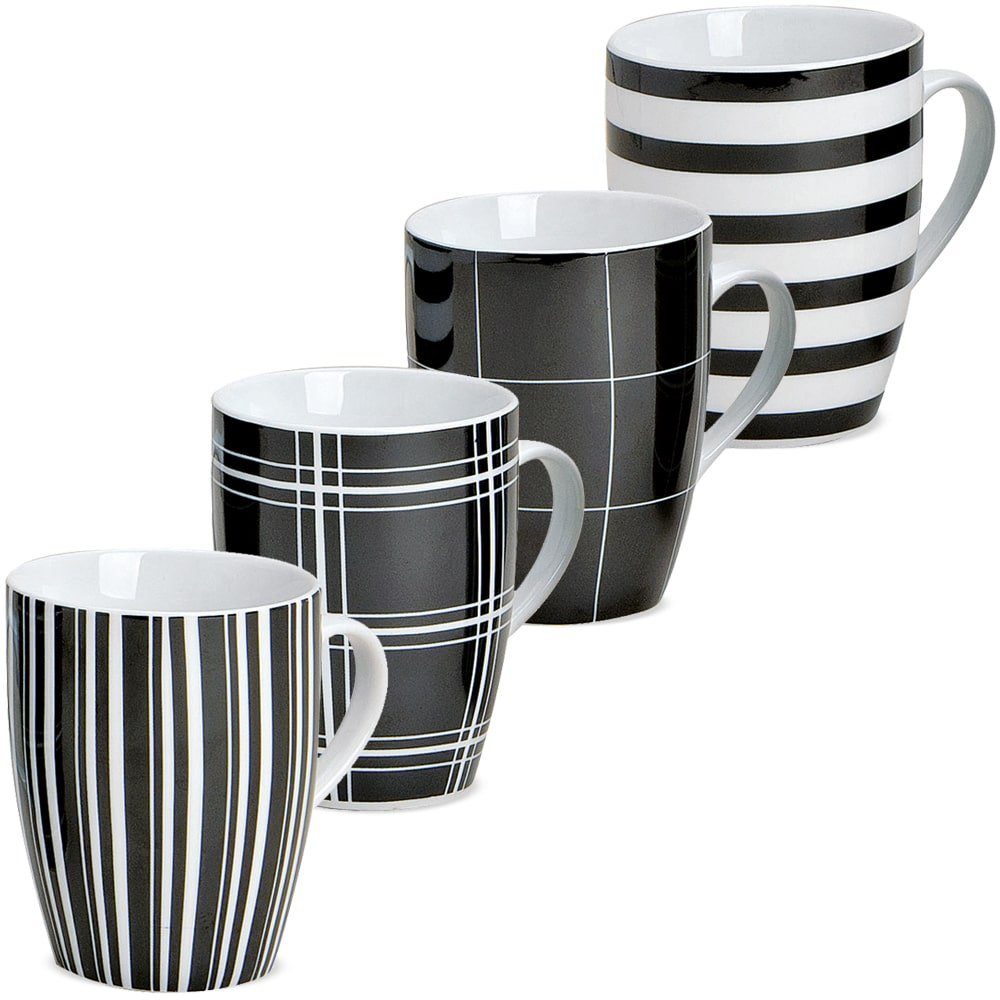 matches21 HOME & HOBBY Tasse Kaffeetassen 4er Set Streifen & Karo-Design, 4-tlg., Porzellan, Tee Kaffee-Becher, klassisch, schwarz weiss gestreift, 300 ml