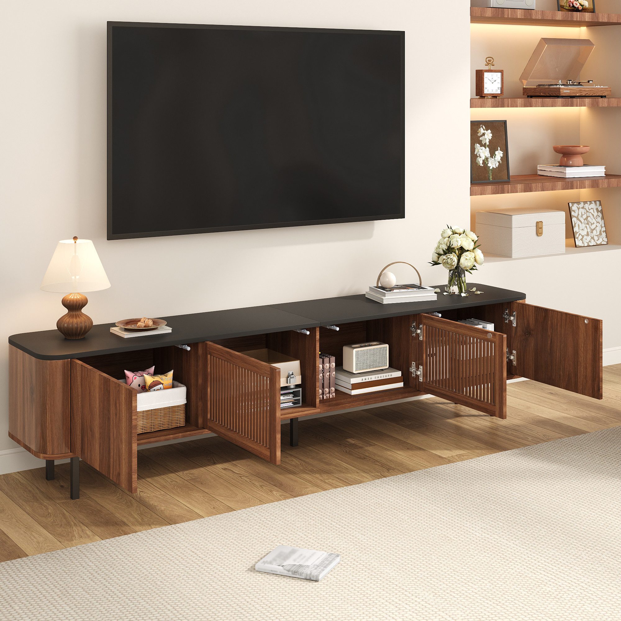 STILVORA TV-Schrank wohnzimmer niedrigerer TV-Reagal Lowboard stehend mit Stauraum Walnut (Packung, 1-St., Großer Stauraum, mit 4 Türen und 4 Fächern) Modernes, minimalistisches Design, Einzigartiges Design.