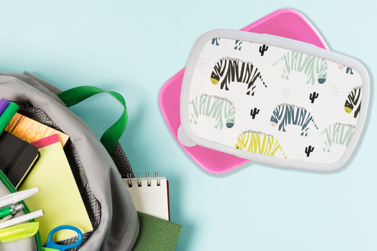 MuchoWow Lunchbox Zebra - Farben Brotdose - - Kunststoff, Snackbox, (2-tlg), für rosa Erwachsene, Mädchen, Kinder, Brotbox Weiß, Kunststoff Kaktus