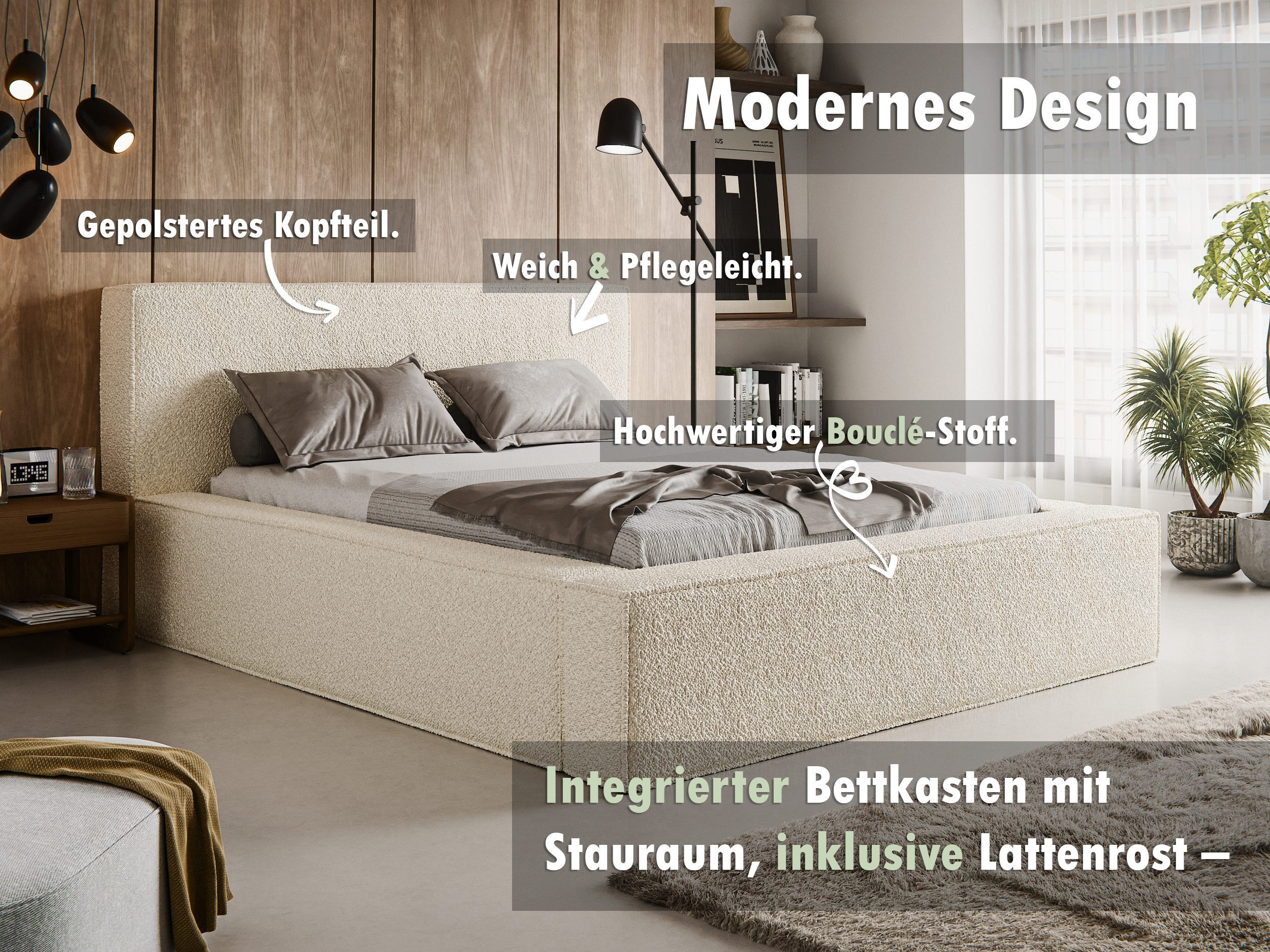 thematys Polsterbett mit Bettkasten, Stauraumbett, Bouclé günstig online kaufen