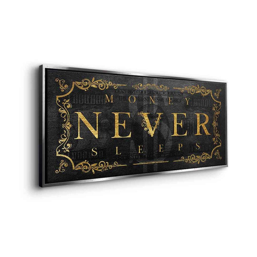 DOTCOMCANVAS® Leinwandbild, Leinwandbild never - Rahmen silberner Premium Minds Money Part - 2 - Motivation Sleeps