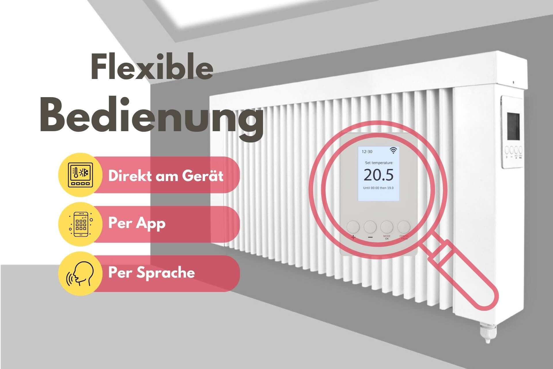 eVARMO Elektro-Heizkörper areo smart base GS, Digitales Thermostat mit LCD-Display und 4 Knöpfen