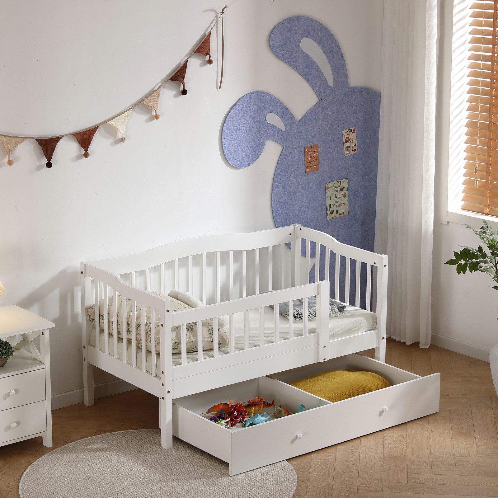 LEADZM Kinderbett mit Schubladen 70x140 / 80x160 / 90x200cm, Hausbett mit Lattenrost, Bodenbett mit Stauraum und Abnehmbarer Barriere, Weiß – Bild 3 von 5