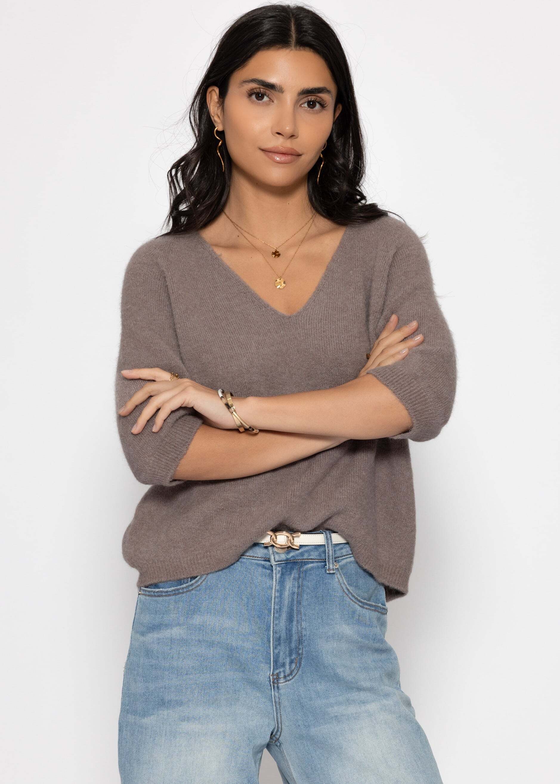 SASSYCLASSY Strickpullover Strickoberteil mit V-Ausschnitt für Damen Feinstrickpullover mit halblangen Ärmeln im lockeren Schnitt