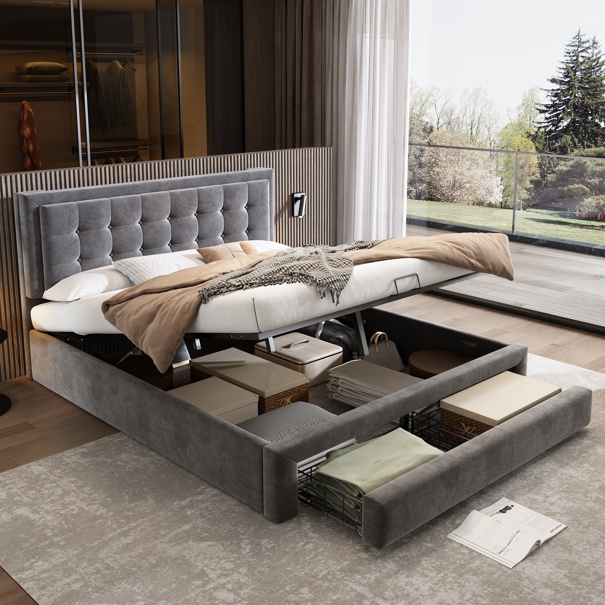 Odikalo Stauraumbett Polsterbett mit Stauraum & 2 Schubladen, 140/160/180 cm (Beige/Grau Samt-Doppelbett mit hydraulischem Lattenrost & Komfort-Kopfteil, modernes Design)