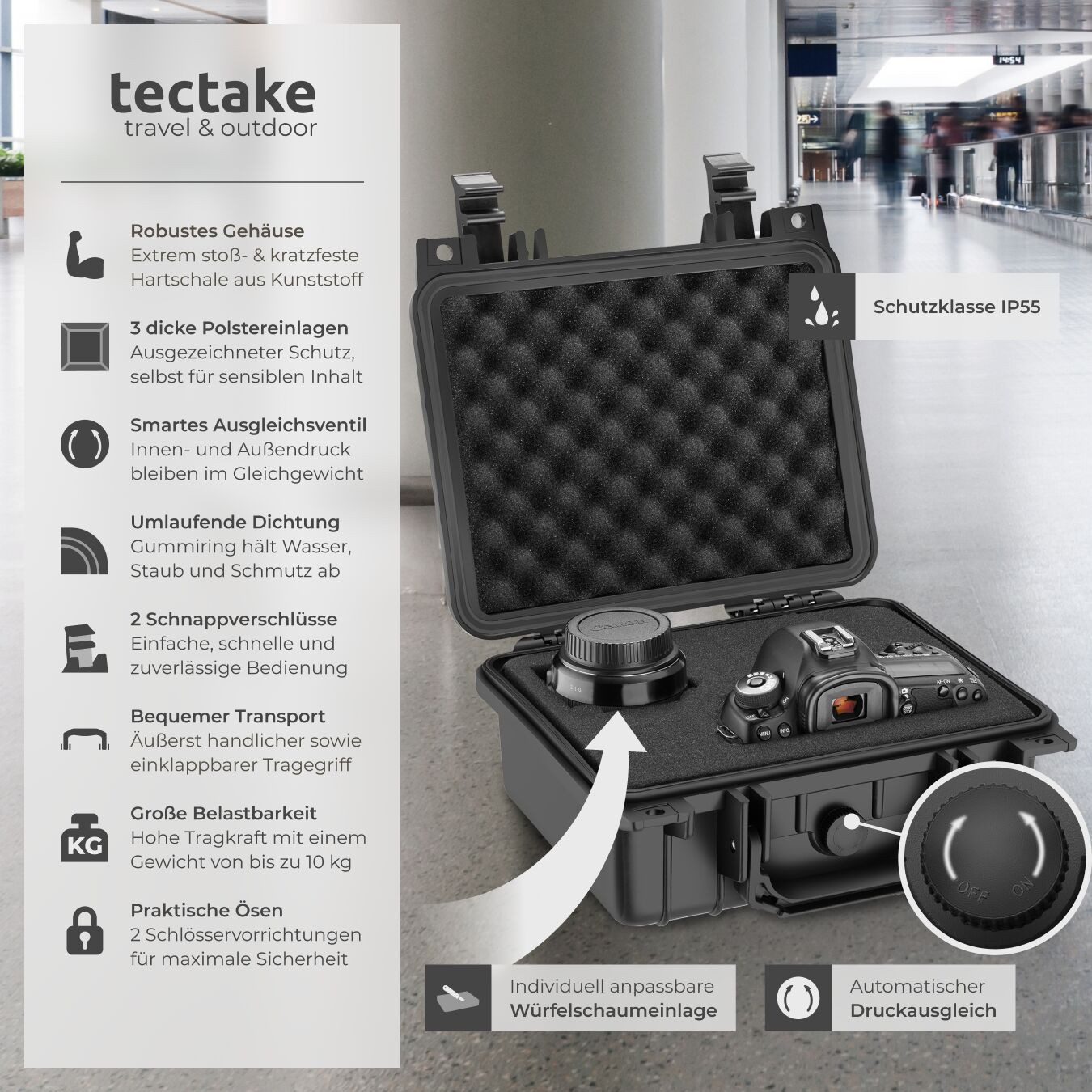 tectake Kameratasche Kamerakoffer (inklusive Vorrichtung für Vorhängeschlösser), aus robuster Hartschale mit 3 Schaumstoffeinlagen