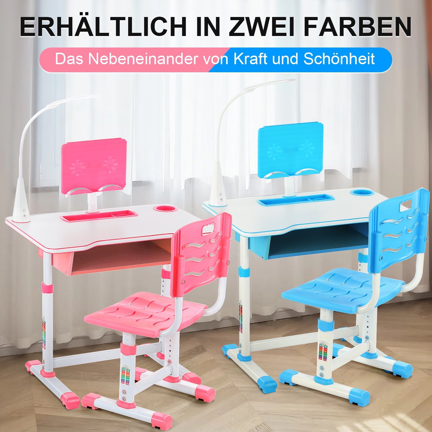 oyajia Kinderschreibtisch Höhenverstellbarer Kinderschreibtisch, Jugendschreibtisch und Schublade mit Schülerschreibtisch Stuhl, Stuhl mit Kinder Blau