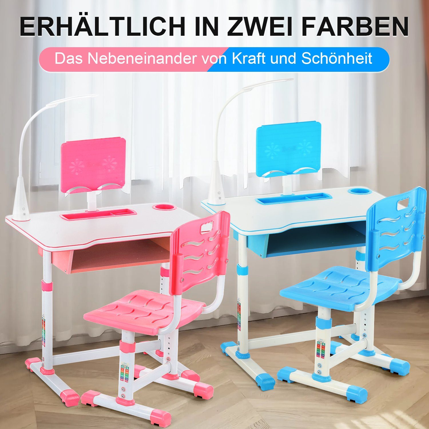 mit Schublade, Kinder mit höhenverstellbar, & iscooter Blau Schülerschreibtisch für Schreibtisch Stuhl Mädchen Jugendschreibtisch Lampe, Kinderschreibtisch Set, Jungs &