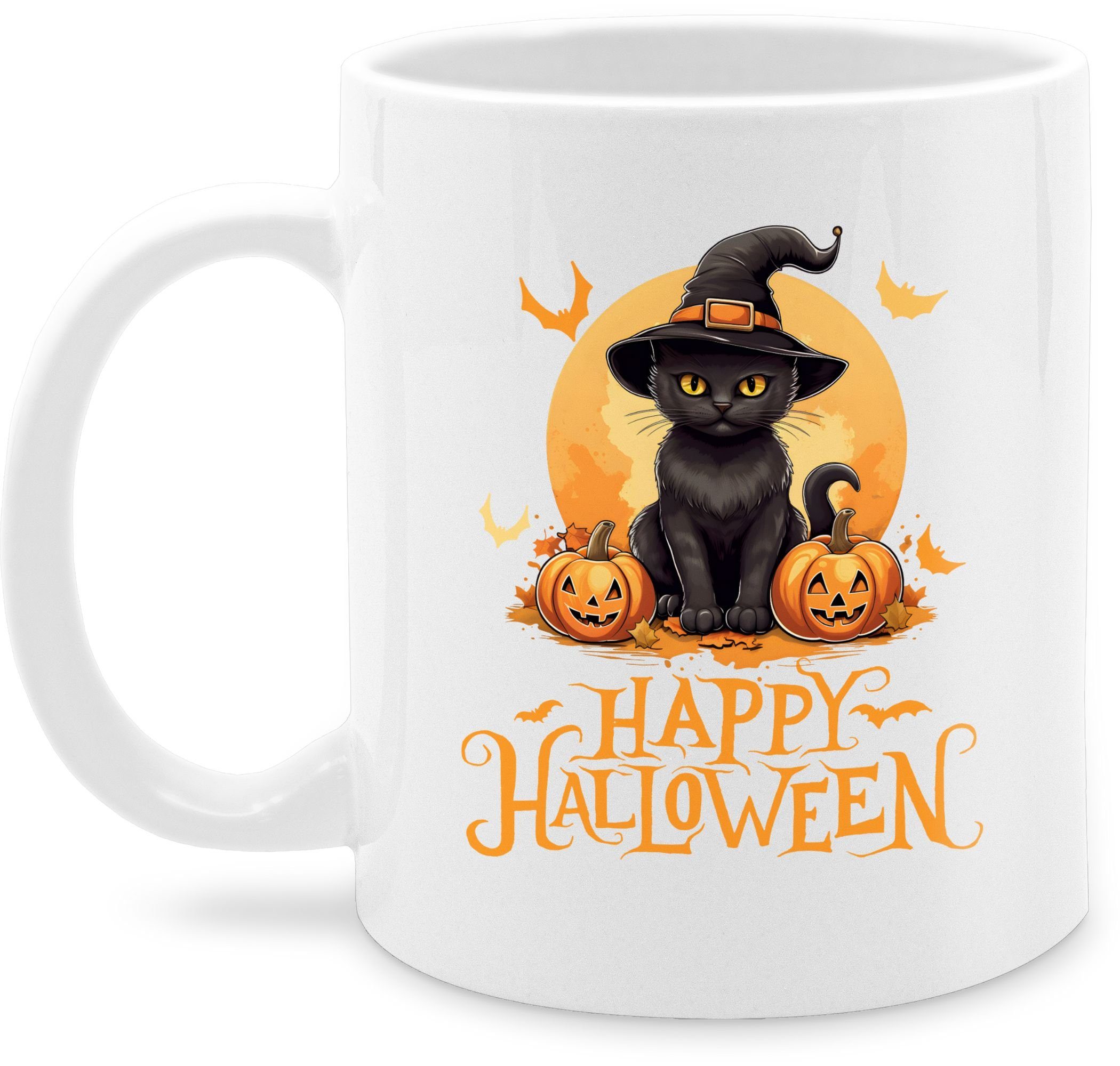 Shirtracer Tasse Happy Halloween Katze Hexenhut Lustig Katzenliebhaber Cat, Keramik, Halloween Tassen 2 Weiß