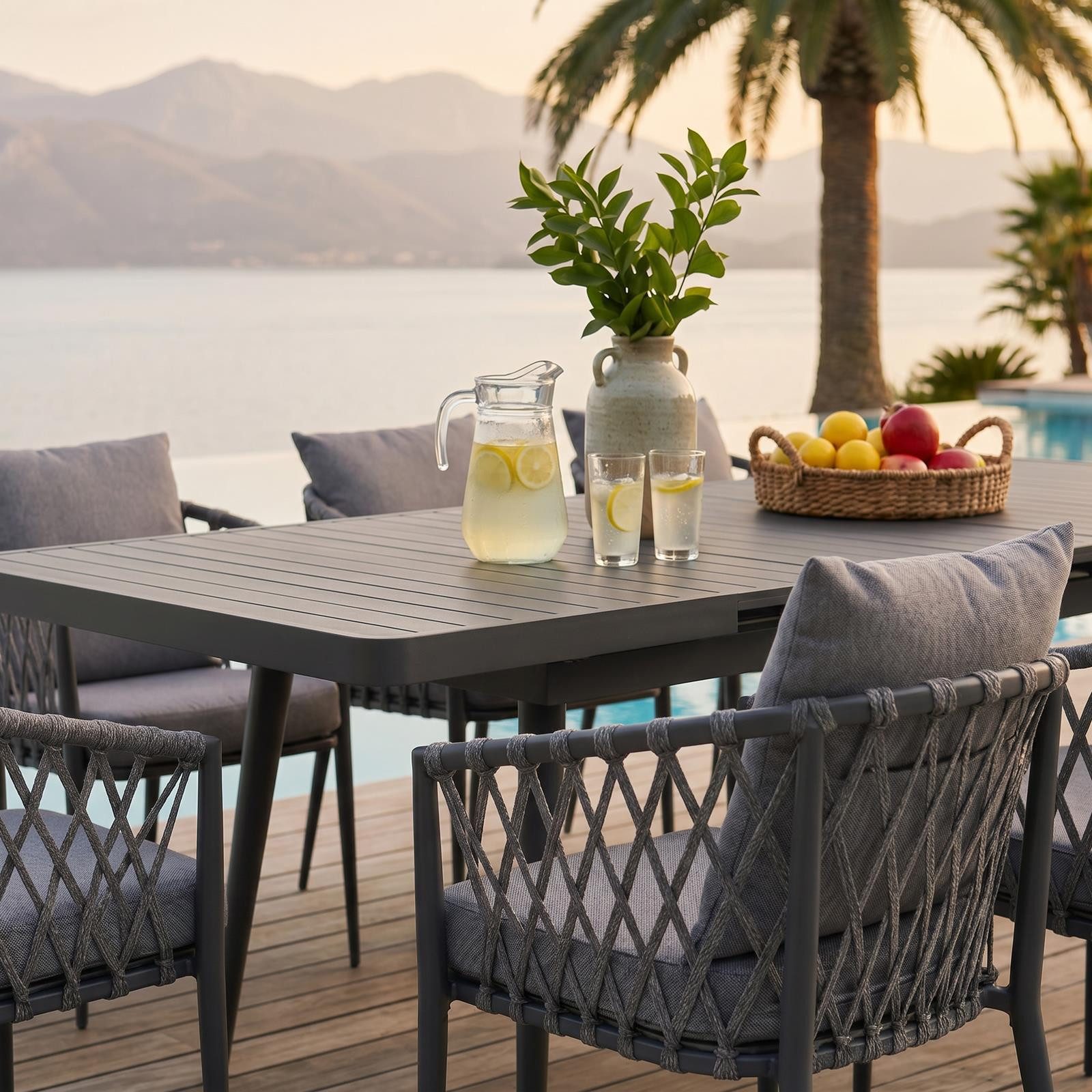 IDIMEX Garten-Essgruppe SUNNY, (9-tlg), Gartenmöbel Set mit 8 Stühlen & ausziehbarem Tisch schwarz/grau