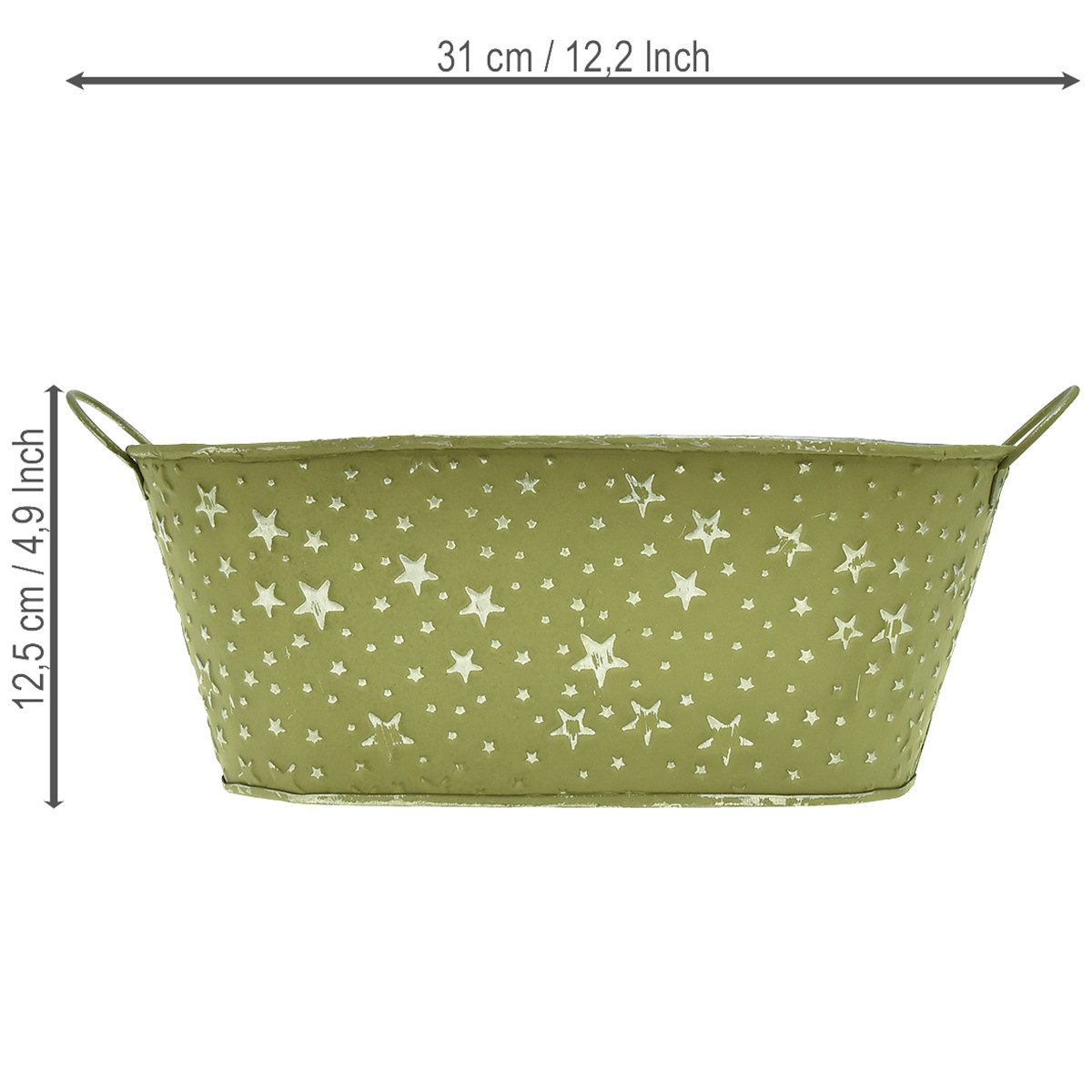Florists Products Übertopf Grüne Metallschale Oval mit Sternen und Griffen 31×16cm H12,5cm