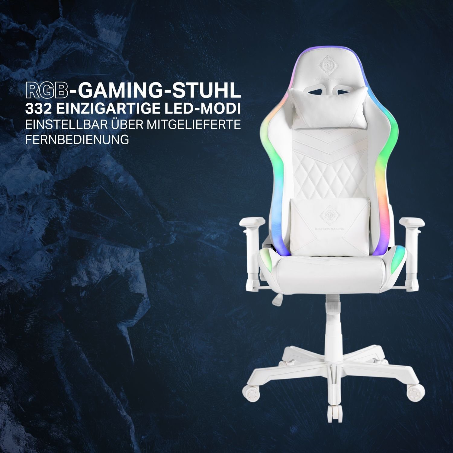 GAM-080 weiß 5 DELTACO RGB Nackenkissen inkl. (kein Beleuchtung Set), Stuhl Kunstleder Herstellergarantie Gaming-Stuhl Jahre Gaming