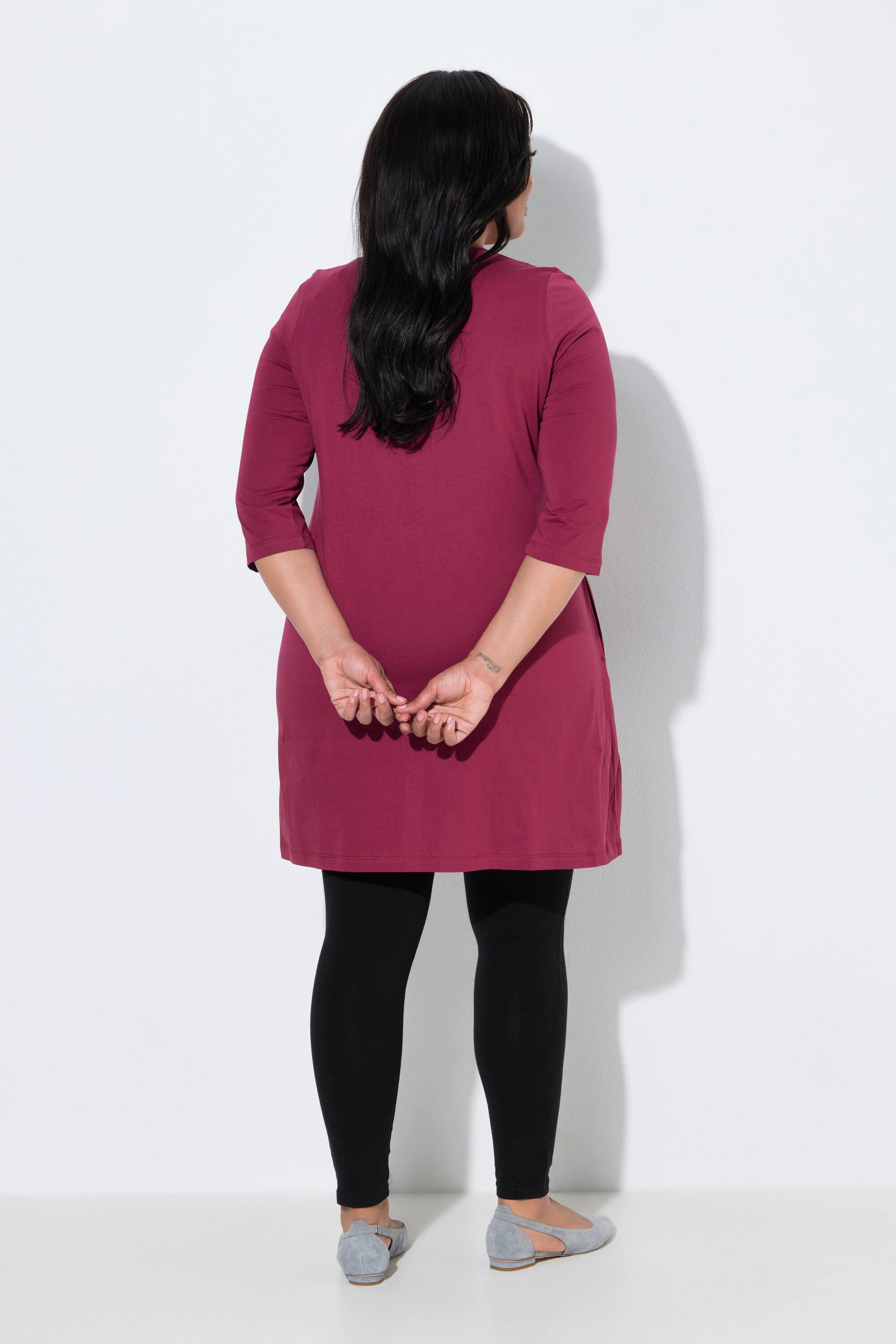 Ulla Popken Longshirt Longshirt Zierbänder A-Linie V-Ausschnitt 3/4-Arm