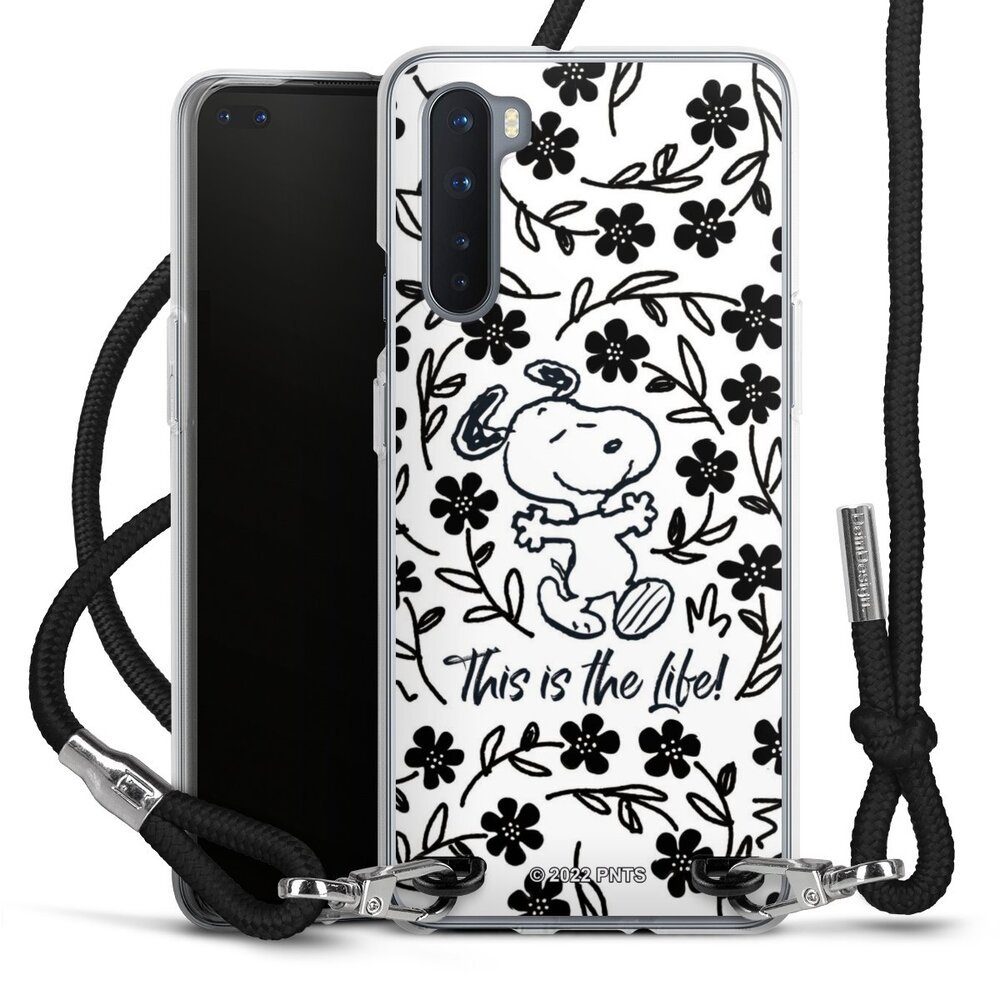 DeinDesign Handyhülle Peanuts Blumen Snoopy Snoopy Black and White This Is The Life, OnePlus Nord Handykette Hülle mit Band Case zum Umhängen