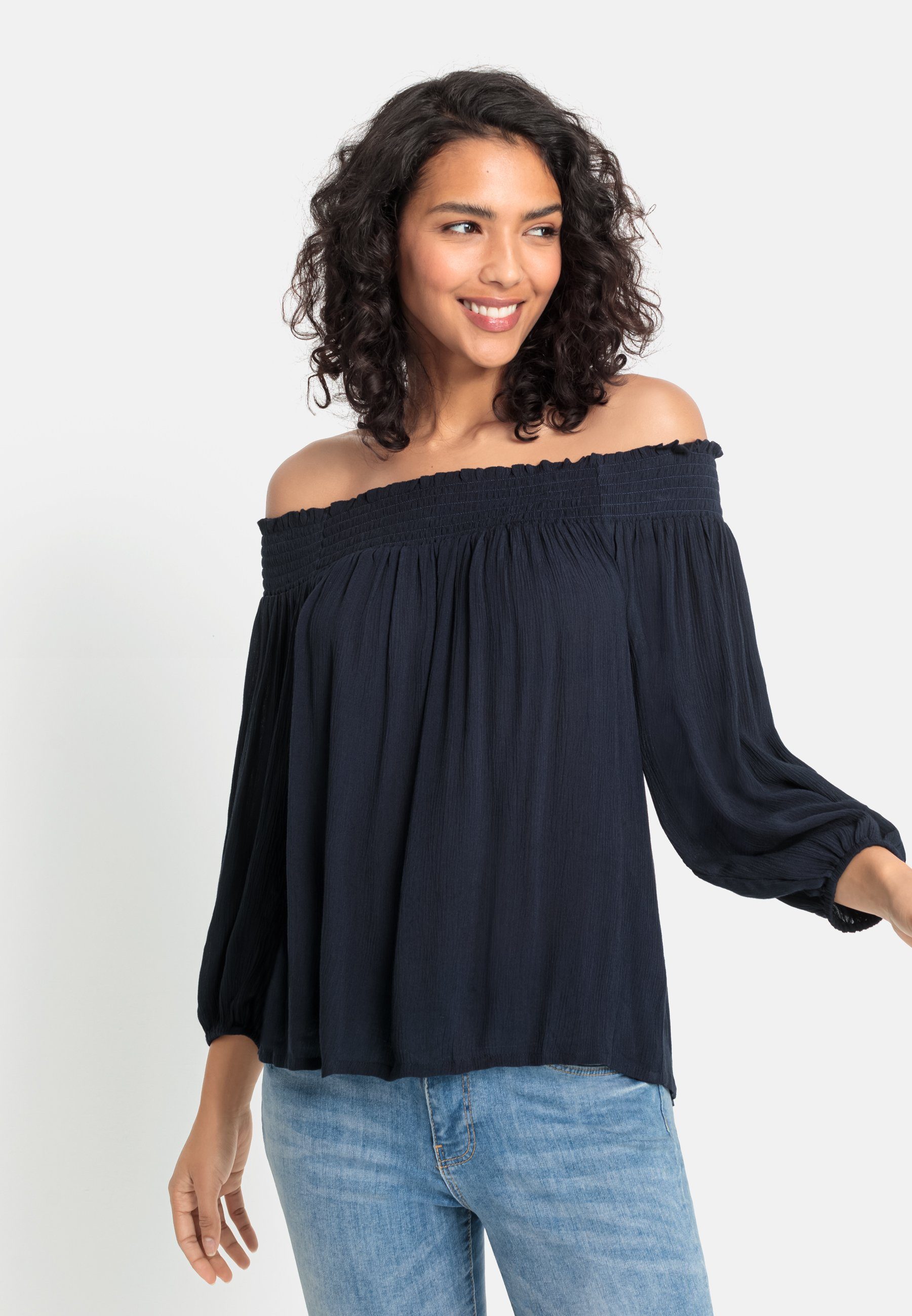 LASCANA Carmenbluse in leichter Crinkle-Optik, Damenbluse, günstig online kaufen