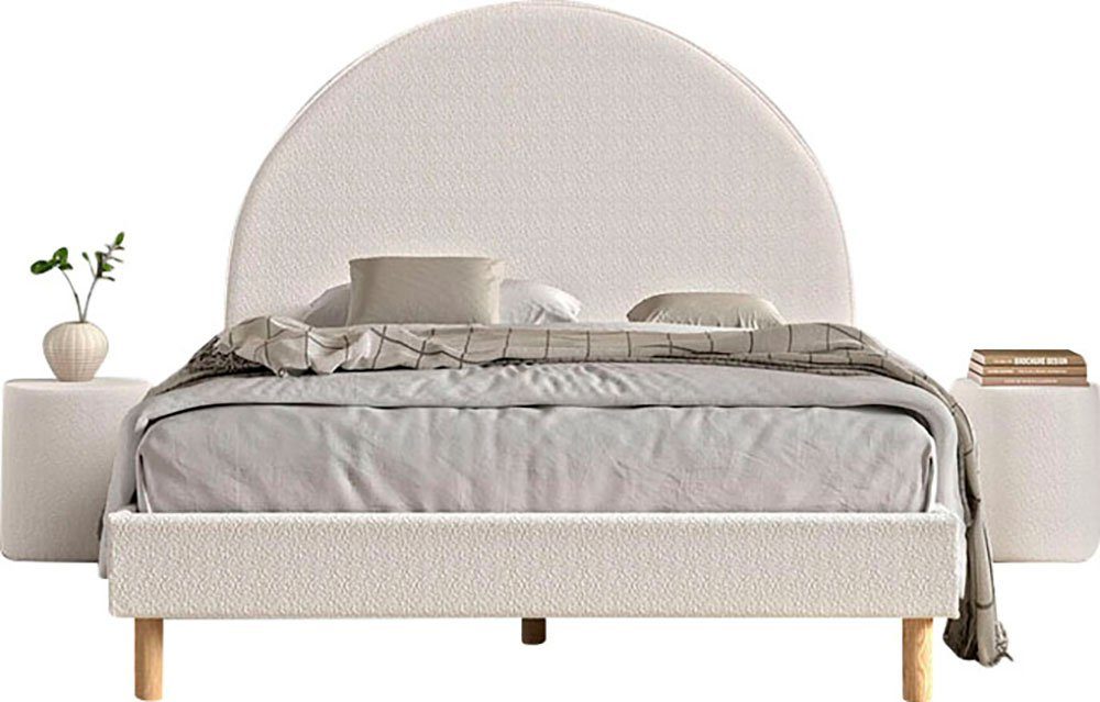 Vipack Schlafzimmer-Set Moon, best. aus Polsterbett 140/200 und 2 Hocker/Nachttische, (B/H/T ca. 147x132x212cm, bogenförmiges Kopfteil, Füße Massivholz), LF 140x200cm, inkl. Lattenrost, Bouclé Stoff bezogen, wahlw. 4 Farben