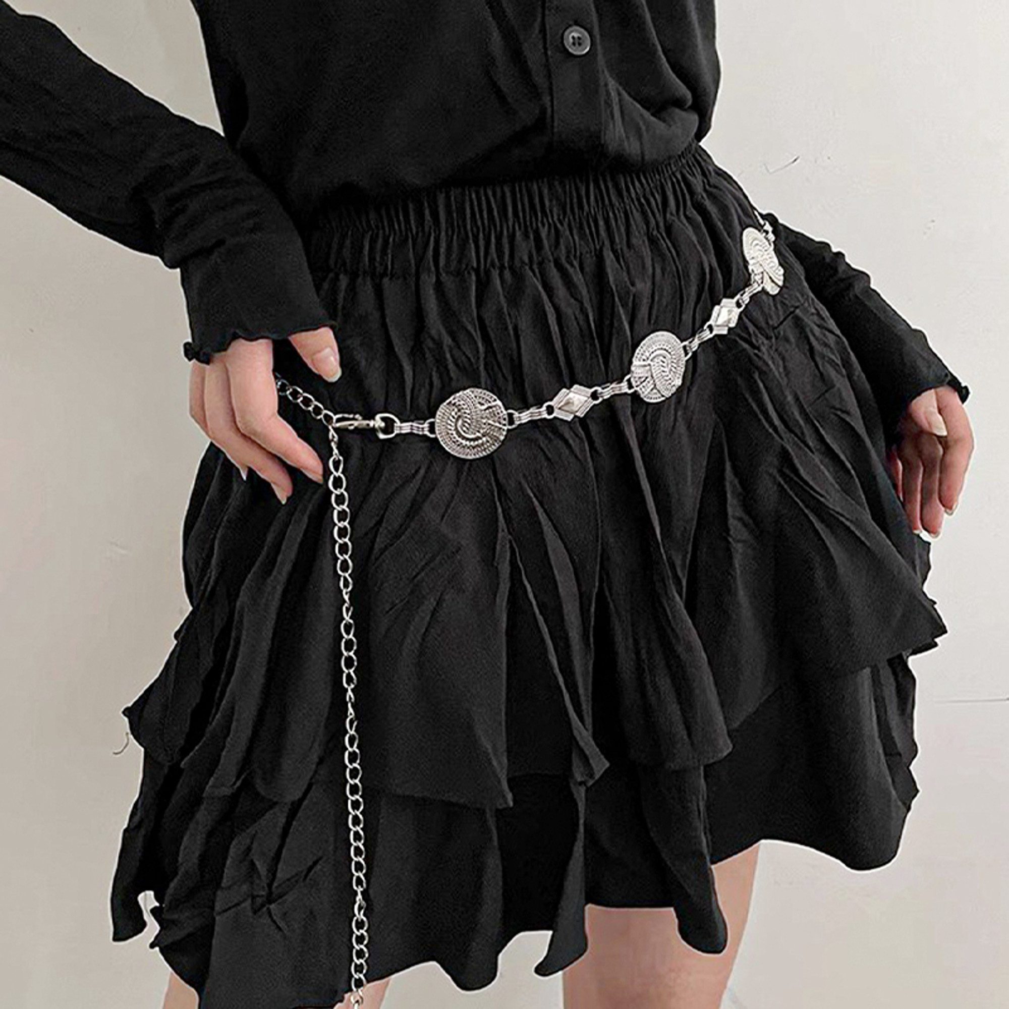 KARMA Hüftgürtel Hüftgürtel Damen silber oder Gold verstellbar 120 cm (Festival Kettengürtel Vintage, Boho Accessoire Modegürtel Taille Hüfte) Gürtel mit Medaillons Metallgürtel für Kleid Rock