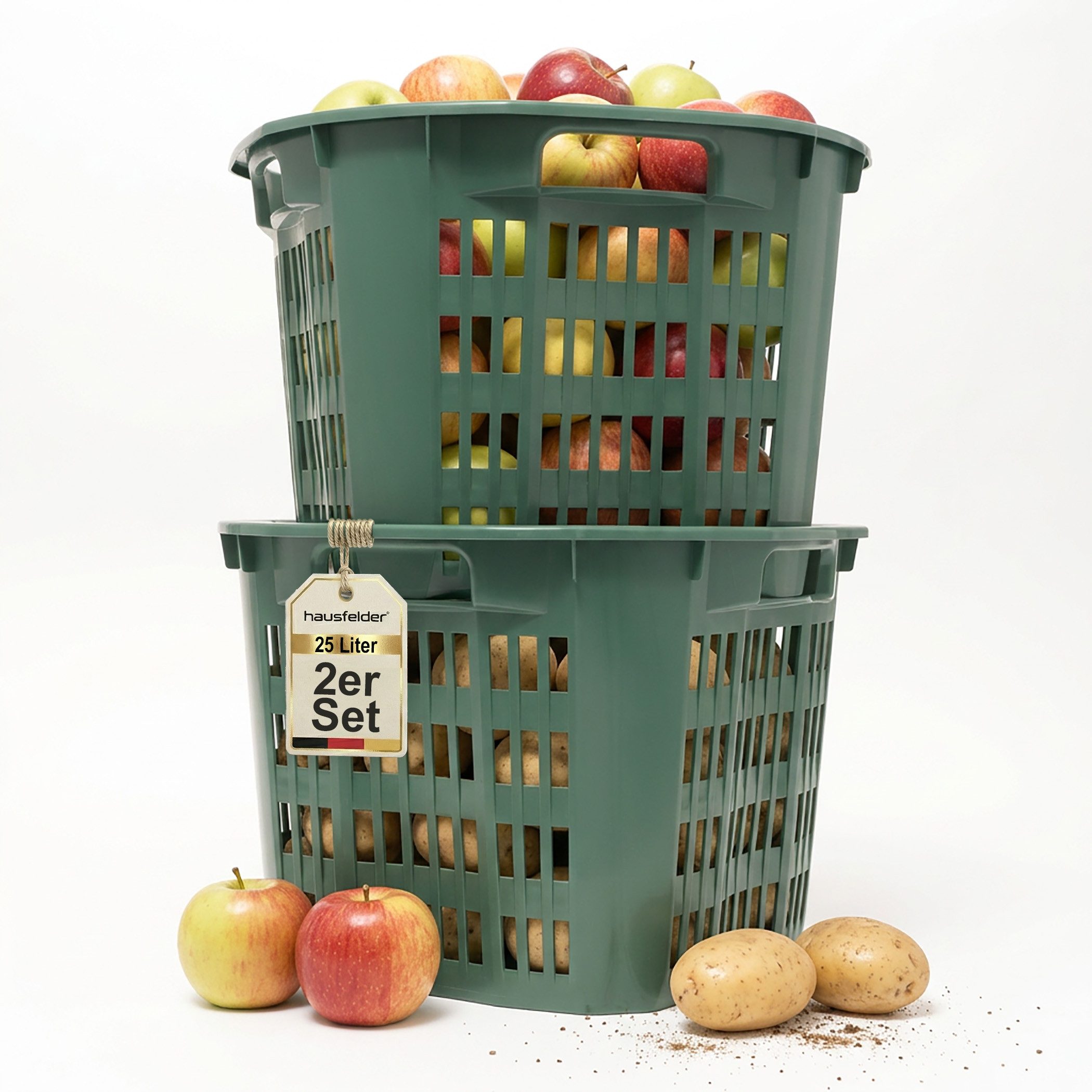 Hausfelder Allzweckkorb Erntekorb Gartenkorb, Grün, 25 Liter, 2 Stück (2er Set, 2 St), lebensmittelecht und stabil aus Kunststoff