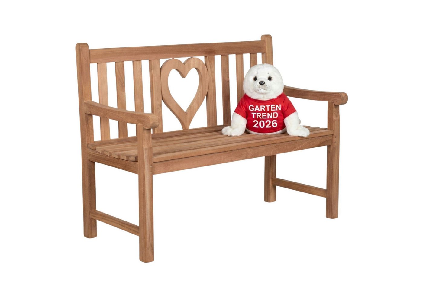 MR.DEKO Gartenbank Teak Herz 120 cm – massiv & romantisch für zwei Verliebte (2-Sitzer Bank, zerlegt geliefert, ideal für Terrasse, 1-St), Massive Sitzbank Garten und Balkon, 250 kg belastbar