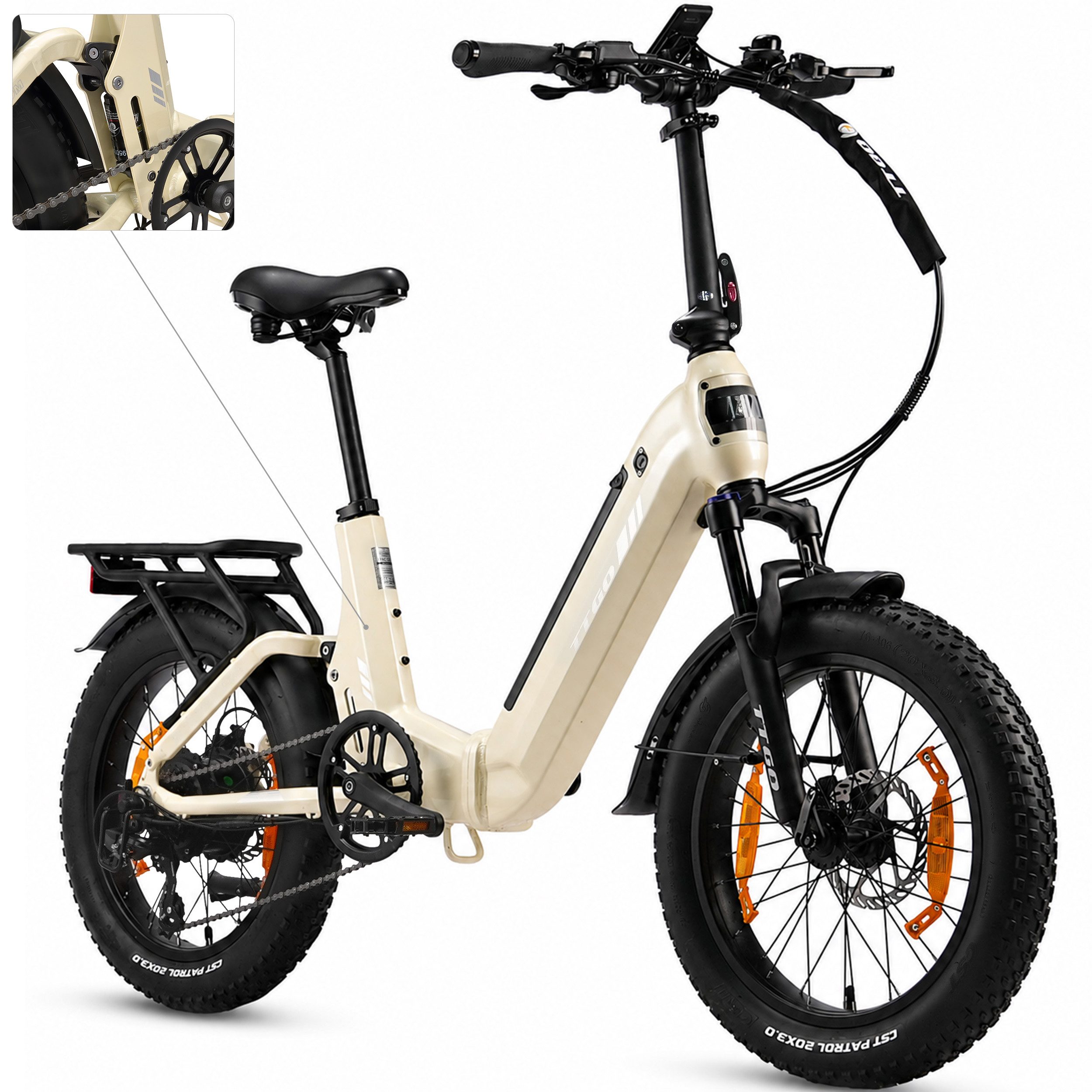TTGO E-Bike Klapprad 20 Zoll, Fully, Vollfederung, 70Nm, 3,0'' Fatbike, Lockout-Federgabel, 7 Gang SHIMANO, Kettenschaltung, Heckmotor, 720 Wh, (Softtail, hydr. Scheibenbremse, mit Bremslicht), 120km, Drehmomentsensor, max.150kg, Elektrofahrrad für Damen Herren