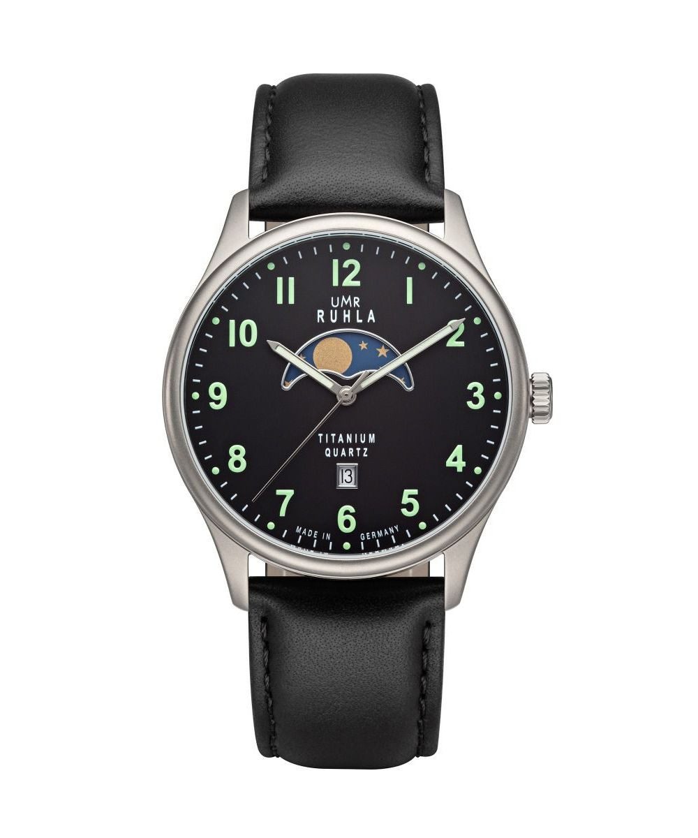 Quarzuhr Mondphase Herrenuhr 20911 41,5 mm Schwarz Lederband Made in Germany