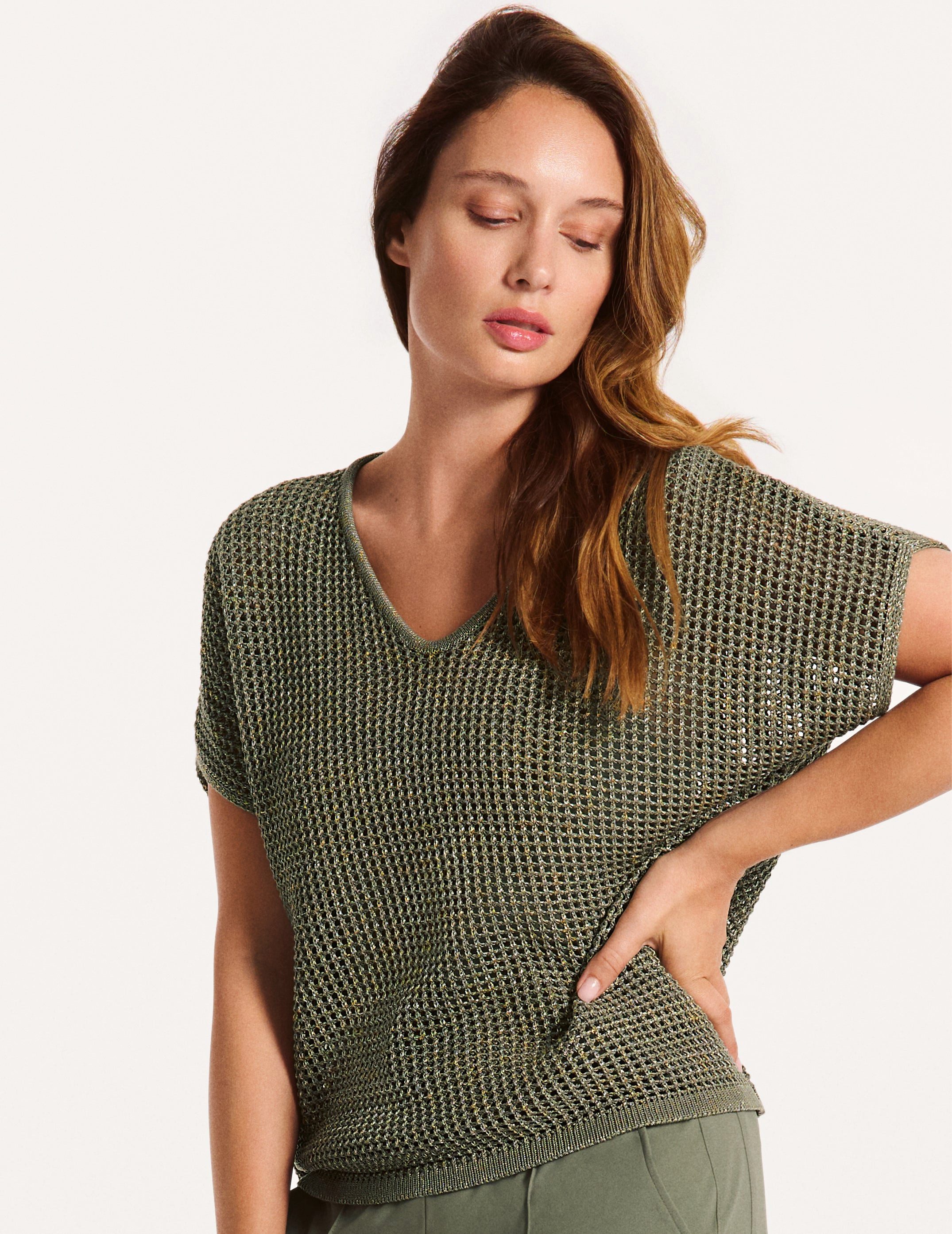 Faber Kurzarmpullover Kurzarm Netzpullover mit goldener Veredelung Netzstruktur mit goldfarbener Lurex-Veredelung