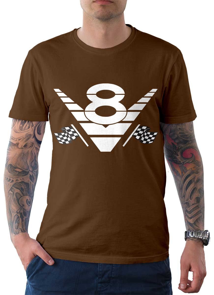 Rebel On Wheels Bomberjacke Herren T-Shirt Tee V8 Racing mit Auto / US-Car Motiv Braun