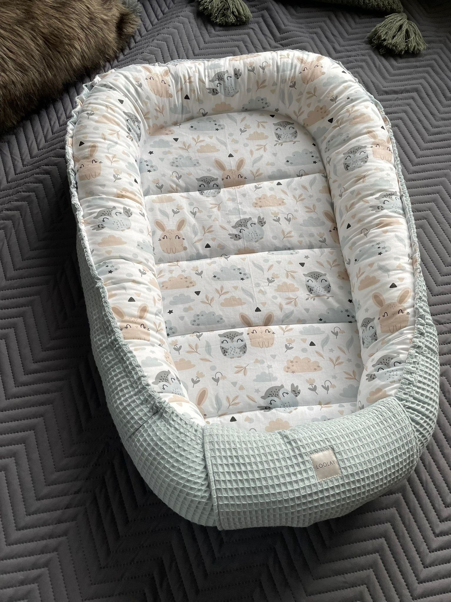 Loolay Bettnestchen Minze WAFFELPIQUE/ HASE Beige Weiß Babynest Babyausstat günstig online kaufen