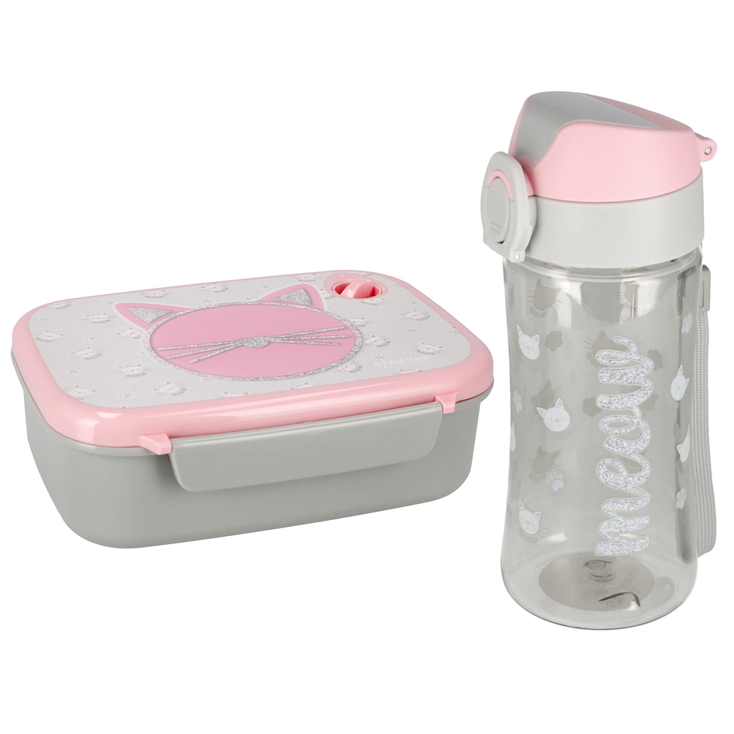 Sarcia.eu Lunchbox KÄTZCHEN grau-rosa Mädchenfrühstücksset, Bidon+Frühstücksbox | Lunchboxen