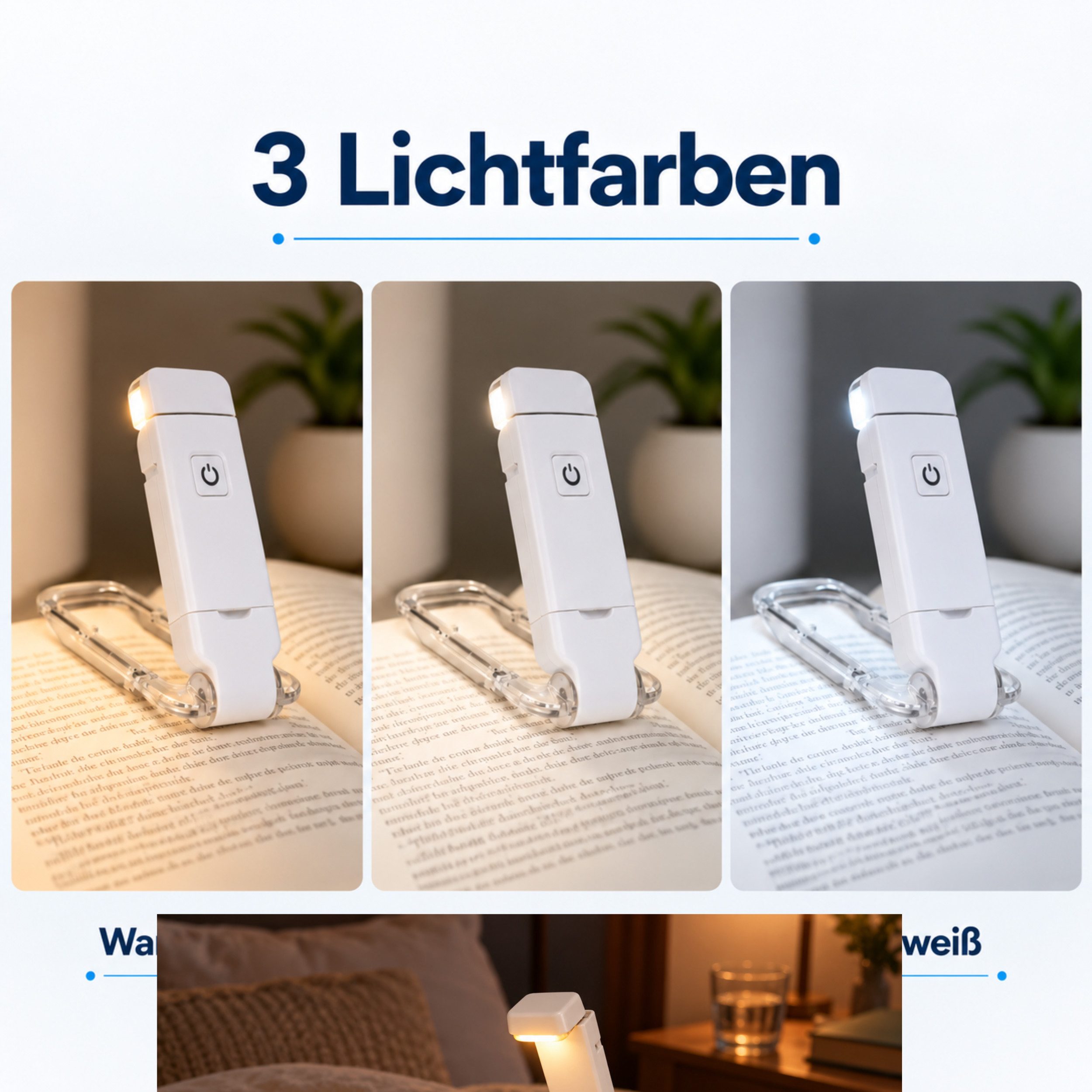 PlugUp LED Leselampe Leselampe zum Klemmen, 3 Helligkeitsstufen, USB-aufladbar, Drehbare Klemmleuchte, LED fest integriert, Warmweiß, LED-Leselampe zum Klemmen  – Bild 2 von 5