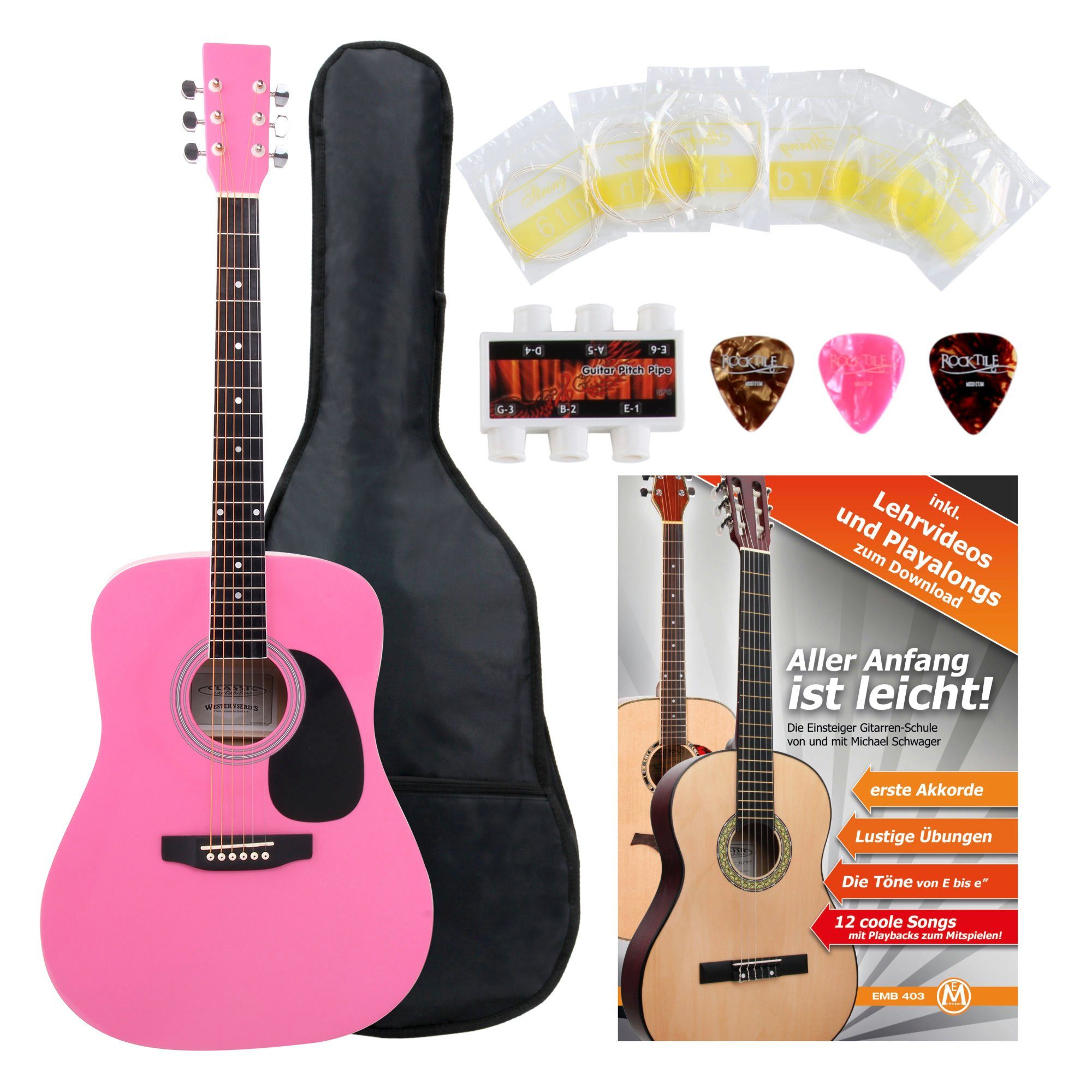 Classic Cantabile Westerngitarre WS-10 Akustikgitarre für Anfänger & Fortgeschrittene, Dreadnought, Starter-Set, Inkl. Tasche, Plektren, Ersatz-Saiten und Stimmpfeife