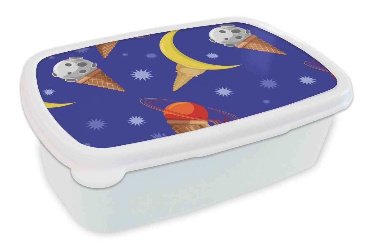 MuchoWow Lunchbox Planeten - Eiswaffeln - Muster, Kunststoff, (2-tlg), Brotbox für Kinder und Erwachsene, Brotdose, für Jungs und Mädchen weiß