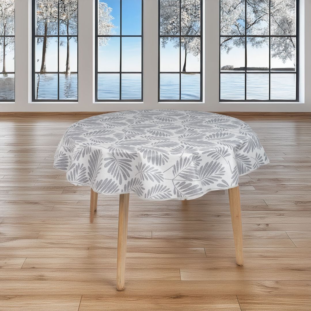 laro Tischdecke 140cm runde Tischdecke mit Saum-Eingefasst Blattgeflüster Grau Weiß – Bild 2 von 5